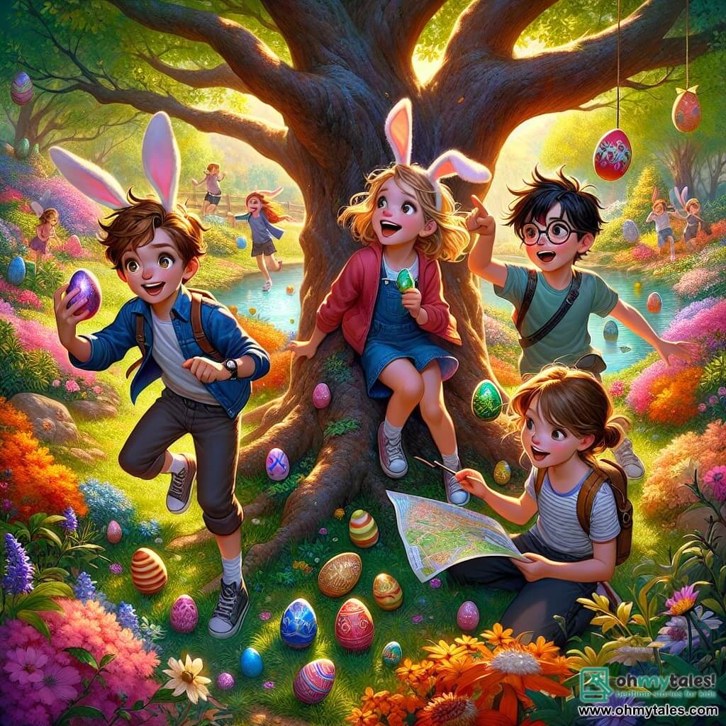 In a colorful garden, four children are gathered around a large oak tree. Max, a 12-year-old boy with brown hair and sparkling eyes, holds a shiny egg in his hands, smiling widely. Next to him, Lily, his 8-year-old sister, wearing bunny ears, jumps for joy with her blonde hair blowing in the wind. Emma, an 11-year-old girl with brown hair and glasses, examines a map with a focused expression, while Jake, a 10-year-old boy with black hair and a cap, excitedly points to a spot on the map. The garden is filled with colorful flowers, fluttering butterflies, and a small pond sparkling in the sun. Multicolored Easter eggs are hidden among the bushes and grass, adding a touch of magic to the scene. The children are in the middle of an Easter egg hunt, searching for clues to a hidden treasure, with laughter and shouts of joy echoing in the air.
