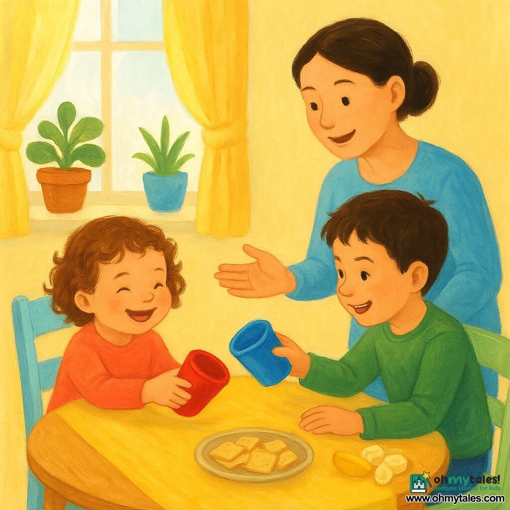 A joyful, mischievous 2-year-old girl with curly light-brown hair and a bright smile slides a red cup across a small round light-wood table while laughing; her teasing, laughing ~5-year-old brother with short brown hair holds a blue cup and leans in to swap; their gentle, encouraging mother in her 30s with tied-back hair stands nearby with an open palm guiding the play; the table has a yellow runner, two shiny cups, a plate of crackers and sliced banana; the bright kitchen has soft sunlight through a window and potted plants on the sill, creating a warm, colorful atmosphere as the children perform the "cup switch."