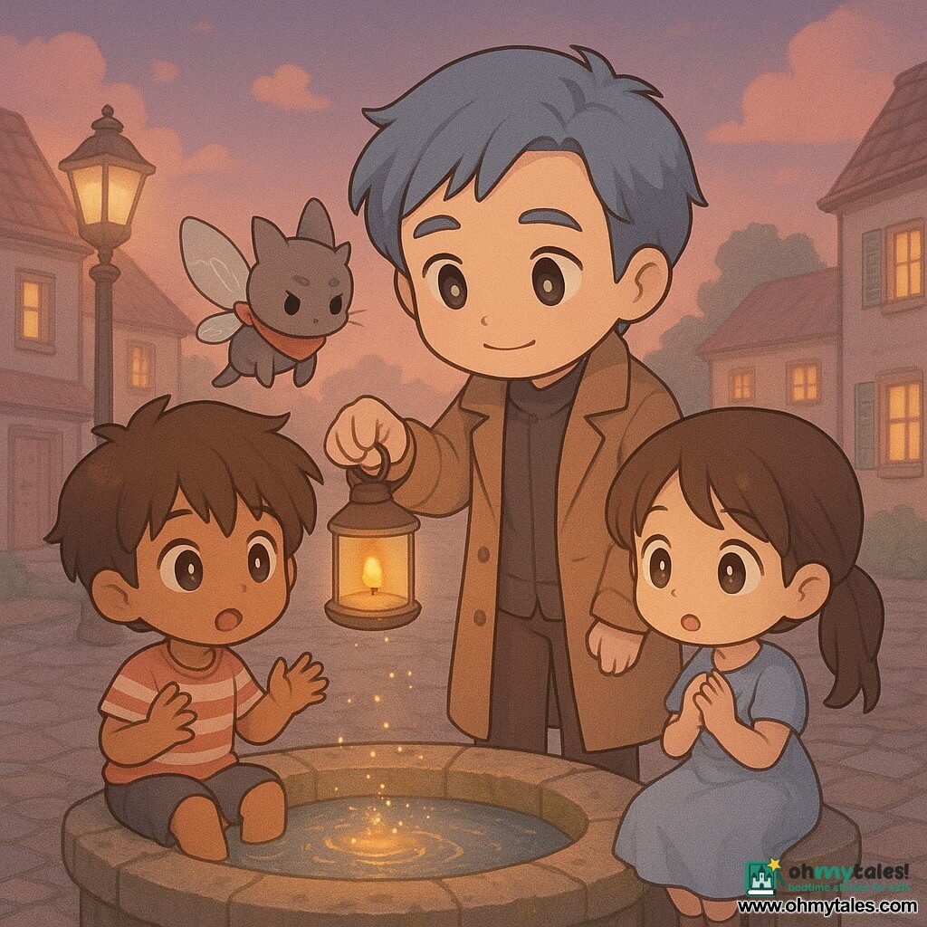 Elias, a calm soft-faced man with short gray-blue hair and a light brown long coat, holds a honey-tinted glass lantern with a tiny pale flame and tilts it toward a mossy circular stone fountain to revive the water as warm golden light scatters into glittering droplets; to his left sits a surprised 12-year-old boy with tousled brown hair and a striped t-shirt, legs crossed on the fountain edge, and to his right a timid 11-year-old girl with brown pigtails and a simple pale blue dress, hands near her heart, while Huff, a cat-sized nonhuman creature with translucent moth wings and a red ribbon scarf, buzzes by Elias’s shoulder; the village square at dusk has worn cobbles, pastel houses whose shutters begin to open, iron street lamps and low pink clouds, creating a gentle, magical scene of soft colors and warm contrast between flame and gray surroundings.