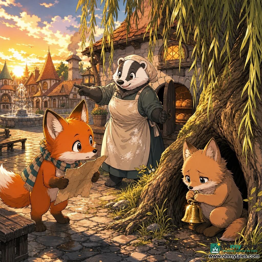 The main character is a small anthropomorphic fox with bright russet fur, a white muzzle, large curious eyes and a kind, attentive expression; he wears a striped scarf and holds a torn paper map, leaning forward like a detective listening. Secondary characters: a shy kit with paler fur and tearful, ashamed eyes sits by a tree hollow holding a shiny bell and looking down; Mrs. Badger the baker, round and gentle with a flour-dusted apron, smiles reassuringly at the bakery door and points toward the square. The scene is a small round village square with worn wooden benches, a dripping fountain, a bakery with a fogged window and a large weeping willow forming a dark shelter where the kit hid. Main action: the fox detective shows the map and listens to clues while the kit returns the bell; the mood is warm and curious in soft late-afternoon light, with warm colors and tactile textures (soft fur, grained wood, wet stone).