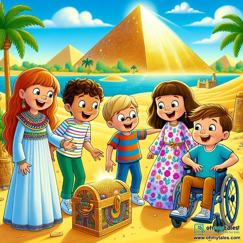 In a sunny landscape of Ancient Egypt, four friends stand together. On the left, Lucy, a six-year-old girl with long red hair and a colorful dress, smiles enthusiastically. Next to her, Jake, a six-year-old boy wearing round glasses and a striped t-shirt, curiously looks at a large papyrus. In the center, Mia, a six-year-old girl with brown hair and a big floral dress, points to a majestic pyramid shining in the sun. Finally, on the right, Ben, a six-year-old boy in a wheelchair, with short hair and a blue t-shirt, smiles while holding a small golden chest filled with sparkling jewels. The backdrop features golden sand dunes, lush palm trees, and an imposing pyramid rising majestically in the background, with a bright blue sky dotted with a few white clouds. The friends have just solved a riddle to find a treasure hidden under a large palm tree, and they celebrate their victory together, surrounded by sparkling treasures and joyful laughter.