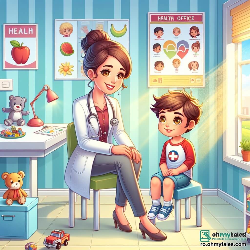 În centrul imaginii se află o doctoriță, Ana, de aproximativ 30 de ani, cu părul brun prins într-un coc, purtând un halat alb impecabil. Fața ei radiază bunătate și determinare, în timp ce zâmbește ușor unui băiat tânăr. La dreapta ei, Mihai, un băiat de 8 ani, cu părul blond zbârlit și ochii strălucitori, o privește pe Ana cu curiozitate și speranță. El poartă un tricou roșu și o pereche de pantaloni scurți albaștri, ținând un mic jucărie în mână, așezat pe un scaun în cabinetul medical. Locul este un cabinet medical cald și primitor, cu pereți vopsiți în albastru deschis, afișe colorate despre sănătate și jucării împrăștiate pe o masă mică. O fereastră lasă să intre lumina soarelui, iluminând camera. Situația principală o arată pe Ana explicându-i lui Mihai importanța consumului de fructe și legume pentru a-și regăsi energia, în timp ce el o ascultă cu atenție, având un zâmbet timid pe chip.