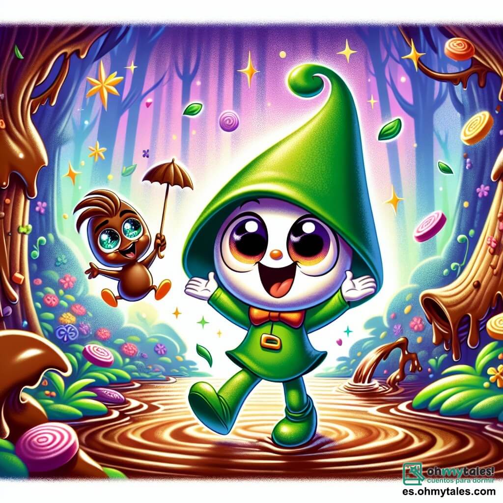 Pepito, un pequeño duendecillo con una gran nariz y una sonrisa brillante, lleva un sombrero verde que le tapa los ojos. Baila alegremente al borde de un arroyo de chocolate, con los brazos levantados, lleno de emoción. A su lado, Sombrerín, un sombrero animado con ojos chispeantes y una gran sonrisa, salta al ritmo, con los bordes flotando como alas. En el fondo, un pato de chocolate, Choco, con una expresión feliz, nada en el arroyo, sosteniendo un pequeño paraguas para protegerse del sol. El lugar es un bosque encantado, donde los árboles están cubiertos de caramelos de colores y las flores brillan como estrellas. El arroyo de chocolate fluye suavemente, creando salpicaduras dulces. La escena principal muestra a Pepito y Sombrerín bailando y riendo juntos, rodeados de golosinas, celebrando su amistad y su aventura en este mundo absurdo.
