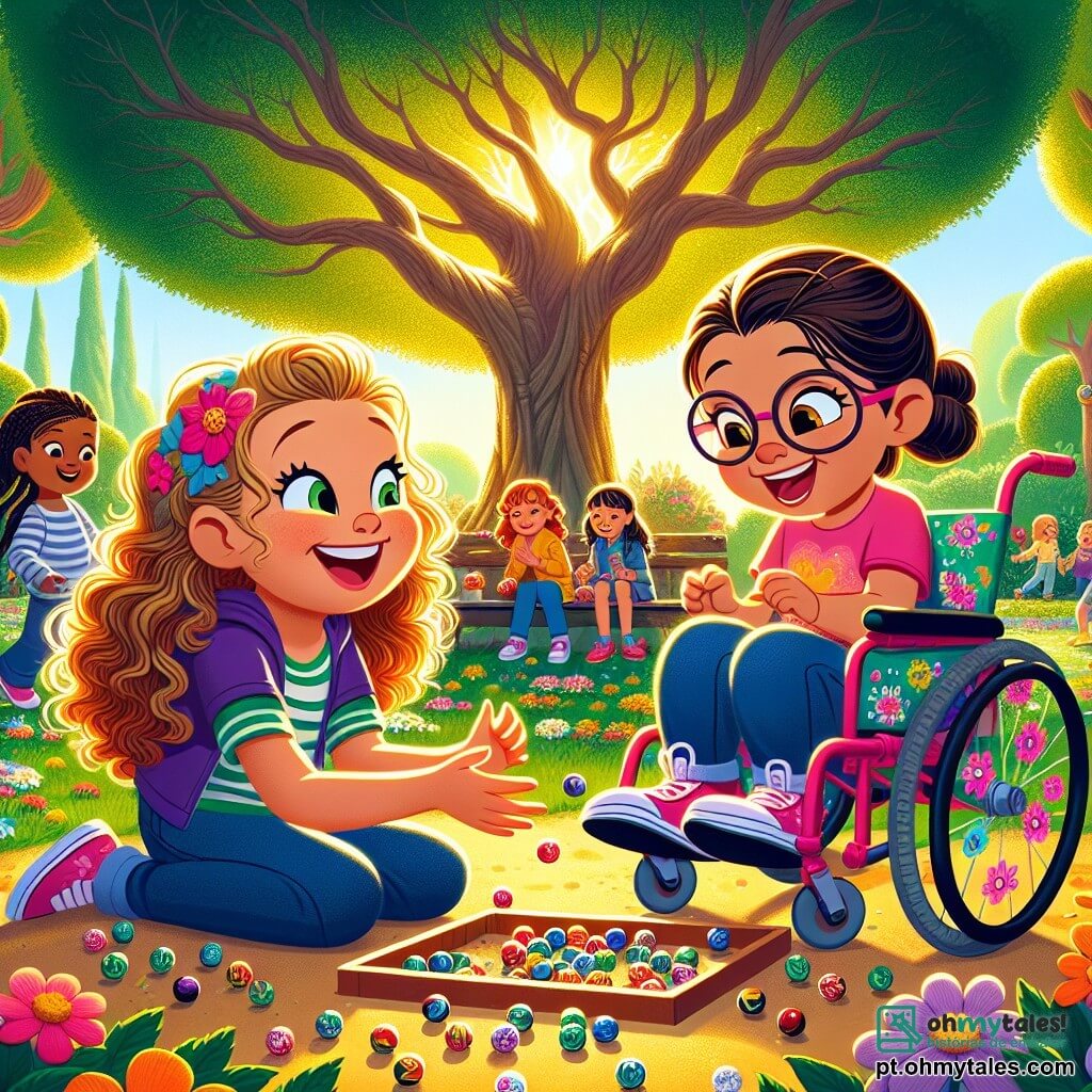 No centro da imagem, Ana, uma menina de 8 anos com cabelos cacheados e um grande sorriso, está mostrando a Luísa, outra menina de 8 anos com cabelos lisos e uma expressão alegre, como jogar bolinhas. Luísa está sentada em uma cadeira de rodas colorida, com adesivos de flores colados nos apoios de braço. Ao lado delas, Sofia, uma menina de 8 anos com tranças e óculos, aplaude com entusiasmo, com os olhos brilhando de alegria. O cenário é um parque ensolarado, repleto de flores coloridas e árvores majestosas. Um grande carvalho se ergue ao fundo, oferecendo sombra às crianças que brincam. Risos e gritos de alegria ecoam no ar, enquanto outras crianças se divertem em um grande gramado verde. A situação principal mostra Ana e Luísa brincando juntas, com bolinhas espalhadas no chão, simbolizando a amizade e a inclusão. Os rostos das crianças estão radiantes, ilustrando a alegria de compartilhar momentos juntas, independentemente das diferenças.