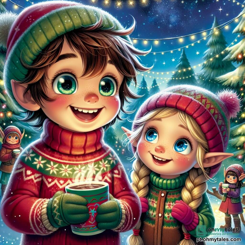 Um garoto de 12 anos, chamado Miguel, com cabelos castanhos bagunçados e olhos brilhantes de curiosidade, está no centro da cena, um grande sorriso iluminando seu rosto alegre. Ele veste um suéter vermelho com um padrão de floco de neve e um gorro de lã, suas bochechas levemente rosadas pelo frio. Ao seu lado, uma garota da mesma idade, Lúcia, com longos cabelos loiros trançados e olhos azuis brilhantes, observa as estrelas com admiração, suas mãos envolvidas em uma xícara de chocolate quente. O cenário é um lindo bosque encantado, onde árvores majestosas estão adornadas com luzes cintilantes e flocos de neve caindo suavemente, criando uma atmosfera mágica. Crianças élficas de orelhas pontudas, vestidas com roupas coloridas, estão ocupadas preparando decorações de Natal, acrescentando um toque de magia ao ambiente. A situação principal mostra Miguel e Lúcia compartilhando um momento de cumplicidade, maravilhados com a beleza do céu estrelado, enquanto risadas de crianças ecoam ao redor deles, ilustrando o espírito de Natal e a amizade que os une.