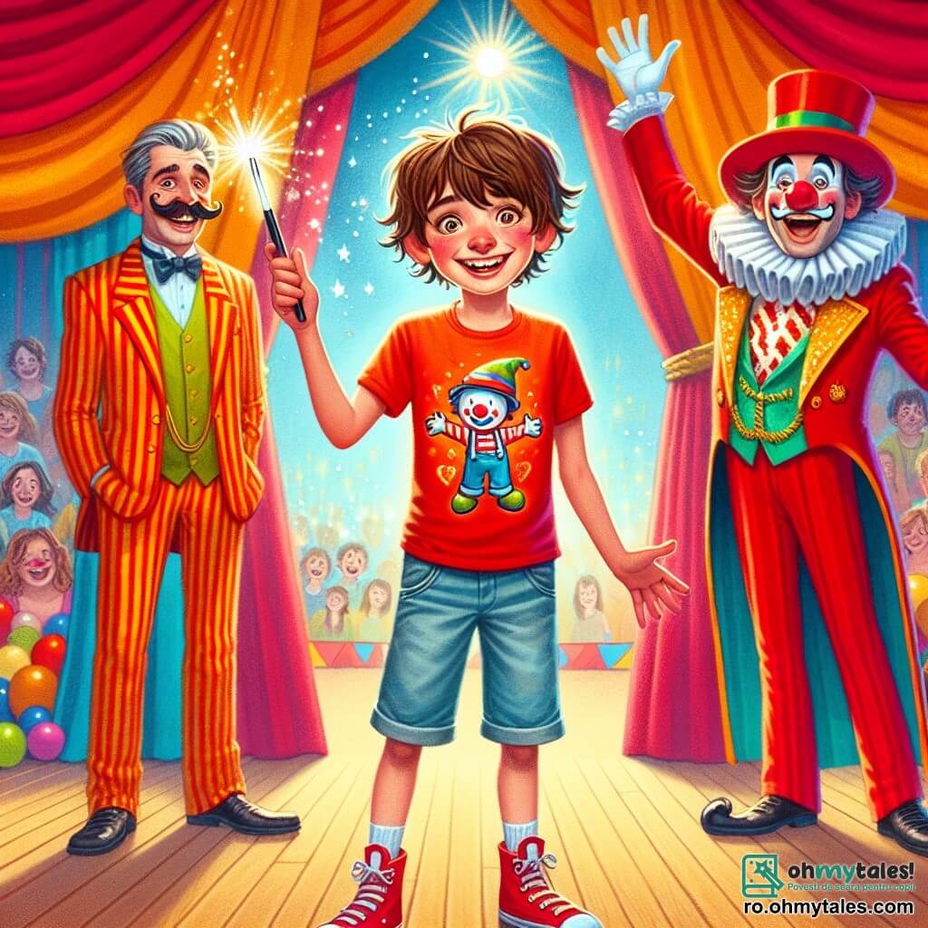 Un băiat de 12 ani, Andrei, stă în centrul scenei, cu ochii mari de bucurie și uimire. Are părul castaniu și dezordonat, un tricou roșu aprins cu un model de clown și o pereche de pantaloni scurți din denim. El ține în mână o baghetă magică strălucitoare, pregătit să facă un truc de magie. În dreapta sa, Mister Măcelar, un bărbat de aproximativ 40 de ani, poartă o mantie colorată și o mustață mare. Zâmbește larg, ținând un joben într-o mână, iar cu cealaltă mână îl prezintă pe Andrei publicului. În stânga, Zâmbăreț, un clown jovial de aproximativ 30 de ani, cu fața vopsită în alb și un nas roșu, jonglează cu bile multicolore. Este îmbrăcat într-un costum cu dungi stridente și face grimase pentru a distra mulțimea. Decorul este un mare cort de circ, cu dungi roșii și albe, plin de lumini strălucitoare și spectatori entuziaști. Baloane plutesc în aer, iar confetti cad ușor în jurul lor. Scena reprezintă momentul magic în care Andrei, cu ajutorul lui Mister Măcelar și Zâmbăreț, încearcă să facă să apară un elefant pe scenă, creând o atmosferă de bucurie și excitație, în timp ce publicul aplaudă și râde.