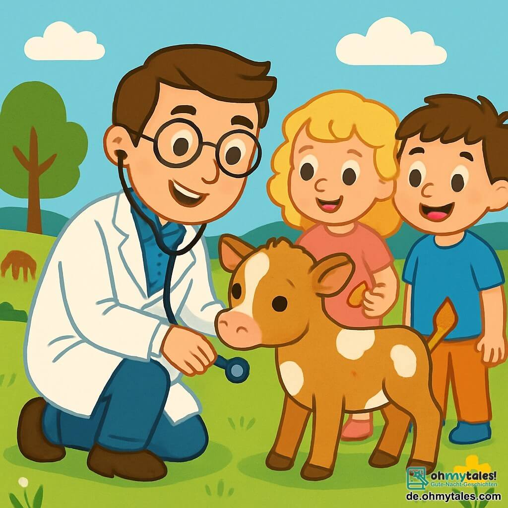 Ein männlicher Tierarzt, Dr. Max, lächelt begeistert und trägt einen weißen Kittel sowie ein Stethoskop um den Hals. Er hat braune Haare und eine runde Brille. Er hockt neben einem kleinen Kalb, Lotte, das hellbraunes Fell mit weißen Flecken hat, und untersucht es aufmerksam. Neben ihm schauen zwei Kinder, Mia und Ben, etwa 8 Jahre alt, neugierig zu. Mia, ein Mädchen mit lockigem, blondem Haar, trägt ein pinkes Kleid und hält ein Tierleckerli. Ben, ein Junge mit kurzen, kastanienbraunen Haaren, trägt ein blaues T-Shirt und lächelt fröhlich. Sie befinden sich auf einer großen, grünen Wiese, umgeben von bunten Blumen und einigen Bäumen. In der Ferne sieht man eine rote Scheune und friedlich weidende Tiere. Die Hauptsituation zeigt Dr. Max, der sich um Lotte kümmert und den Kindern erklärt, wie man sich um Tiere kümmert.