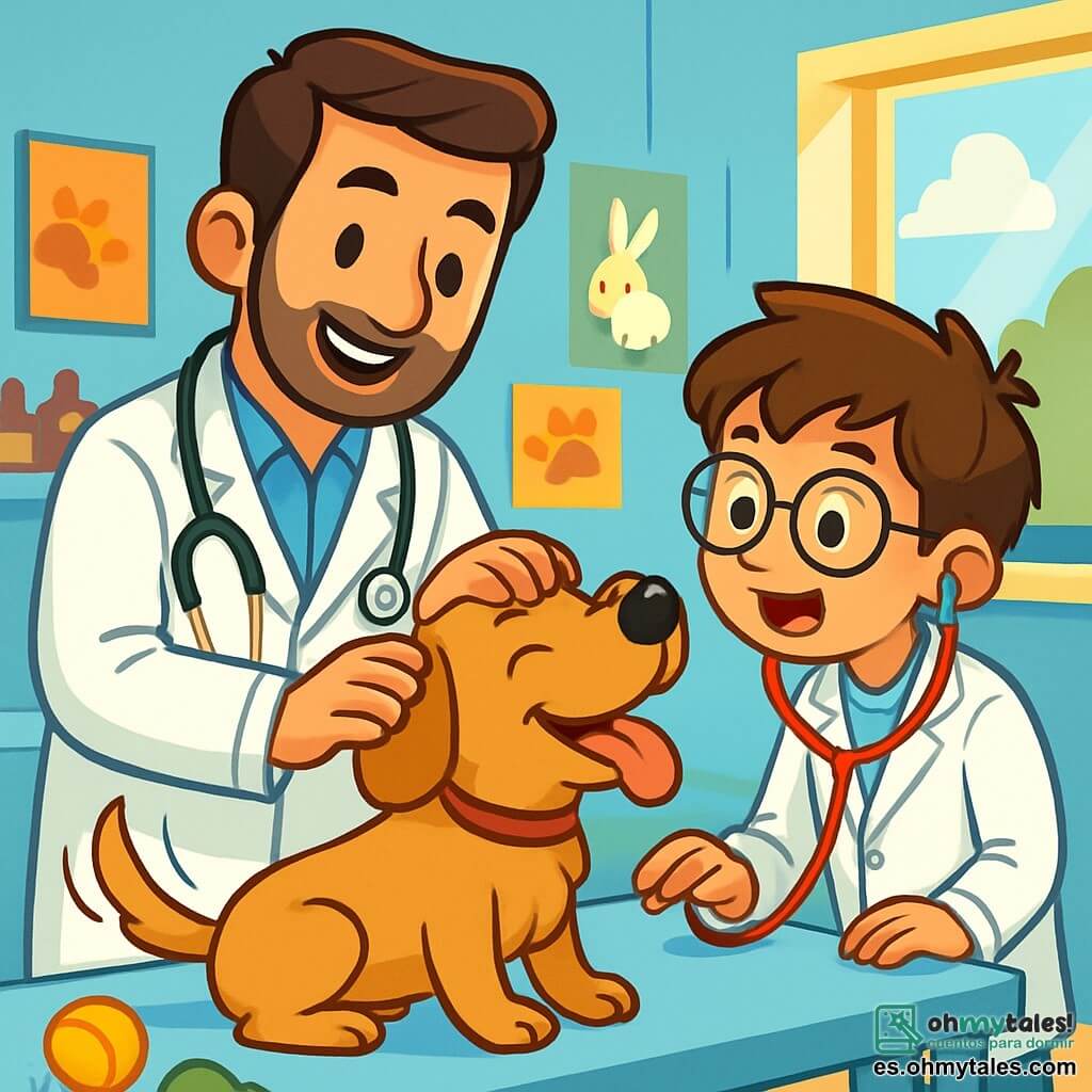 Un veterinario, el doctor Luis, está de pie en una sala de examen luminosa, con una sonrisa cálida y ojos brillantes de pasión. Lleva una bata blanca y un estetoscopio al cuello, acariciando a un perro alegre, Rocky, que mueve la cola con entusiasmo. A su lado, un niño de 11 años, Nico, con cabello castaño desordenado y gafas redondas, observa maravillado, vestido con una pequeña bata blanca y un estetoscopio de juguete. La sala es amplia y acogedora, con paredes pintadas de azul claro, carteles coloridos de animales y juguetes esparcidos por el suelo. Una gran ventana deja entrar la luz del sol, iluminando los instrumentos veterinarios ordenados en una mesa. La escena principal muestra al doctor Luis examinando a Rocky mientras le explica a Nico las diferentes etapas del examen, creando un momento de aprendizaje y descubrimiento lleno de alegría y entusiasmo.