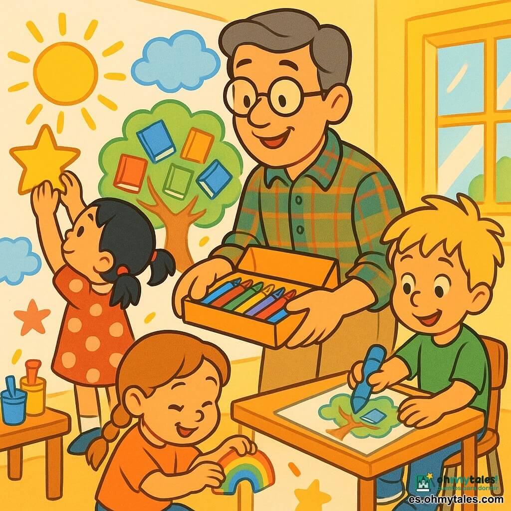 Un maestro sonriente y bondadoso, cabello castaño salpicado de canas y gafas redondas, sostiene una gran caja de colores abierta y ofrece lápices a los niños; a la izquierda una niña de 6 años con coletas y vestido rojo de lunares pega una gran estrella brillante en la pared, a la derecha un niño de 5 años de cabello rubio despeinado con camiseta verde dibuja un árbol lleno de libros con un gran lápiz azul y una niña de 4 años con trenza y cabello castaño claro pega pegatinas arcoíris en la parte baja del muro, todos en una aula luminosa con grandes ventanas, mesas de madera bajas, botes de pintura vivos y un muro casi entero cubierto por un gran mural colorido, creando un ambiente cálido con colores pastel vivos, trazos suaves y redondeados y expresiones expresivas y reconfortantes.