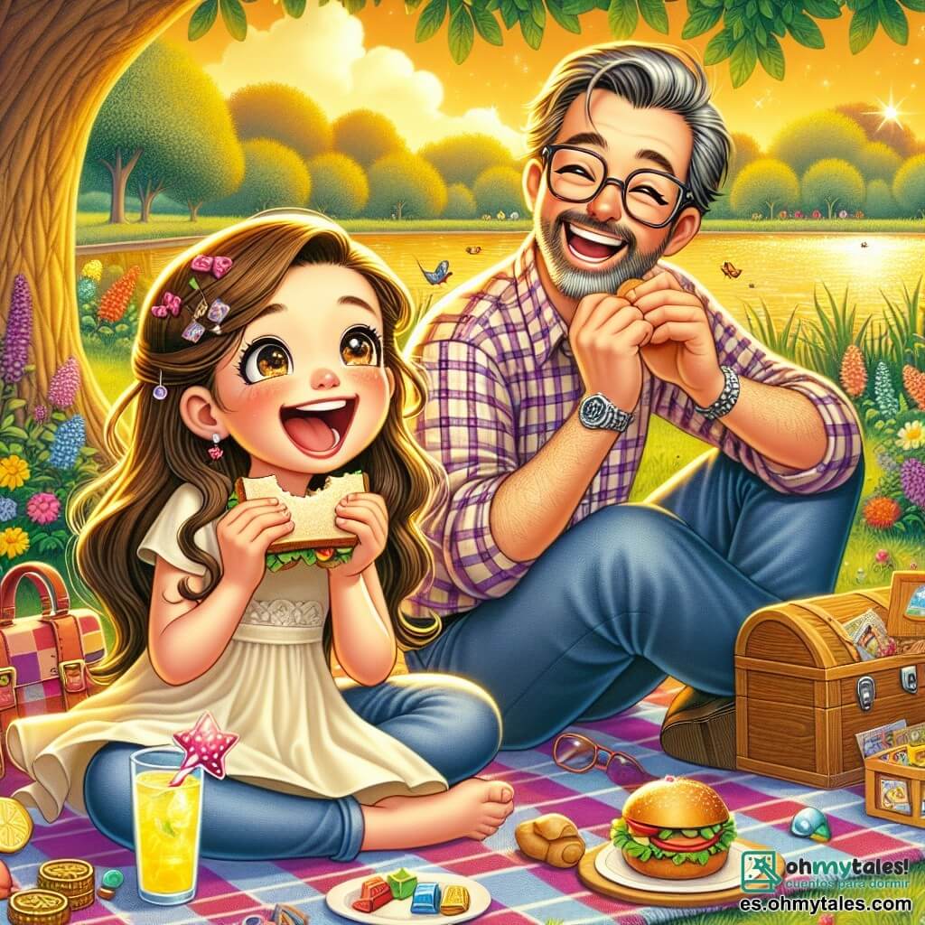 Una niña de 9 años, Lucía, con largos cabellos castaños y ojos brillantes de alegría, está sentada sobre una manta de picnic colorida bajo un gran árbol. Sonríe con entusiasmo, sosteniendo un sándwich en una mano y un vaso de limonada en la otra, rodeada de pequeños tesoros que ha escondido para la búsqueda del tesoro. A su lado, su papá, el señor Martínez, de unos 35 años, con barba ligera y gafas, ríe alegremente al descubrir una pequeña caja de madera que ella ha escondido. Está sentado en posición de loto, vestido con una camisa de cuadros y pantalones casuales, y mira a su hija con admiración. El lugar es un parque verde, bañado por la luz dorada del sol poniente, con flores coloridas que bailan al viento y un lago brillante al fondo, donde nadan patos pacíficamente. La situación principal muestra a Lucía y su papá compartiendo un momento de felicidad, celebrando el Día del Padre con una búsqueda del tesoro, llena de risas y amor, creando recuerdos inolvidables juntos.