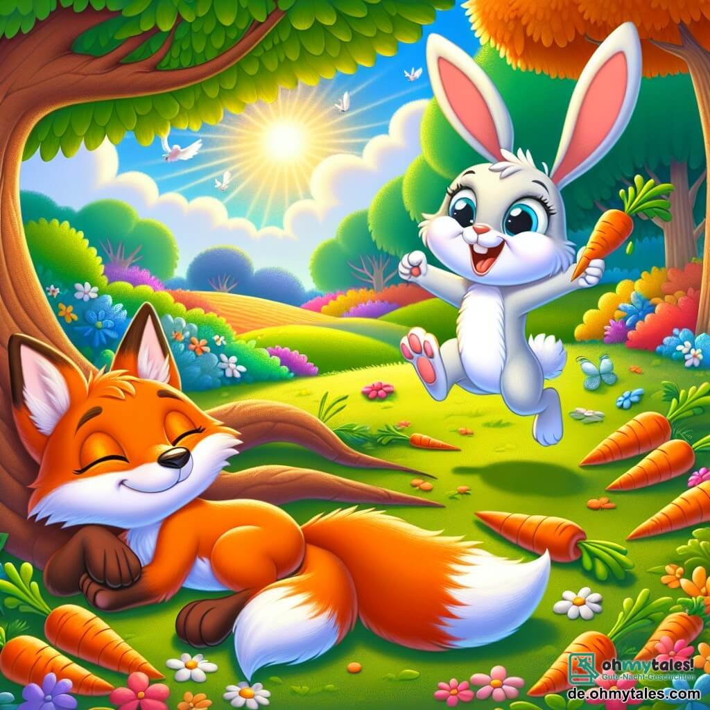 Ein kleiner orangefarbener Fuchs namens Felix liegt faul unter einem großen Baum, mit einem träumerischen Lächeln auf seinem Gesicht, seinen Augen halb geschlossen und seinem langen Schwanz um ihn gewickelt. Neben ihm springt ein fröhlicher weißer Hase namens Hugo, mit großen Ohren und funkelnden Augen, enthusiastisch herum und hält eine Karotte in seinen Vorderpfoten, sein Gesicht strahlt vor Glück. Die Szenerie ist ein verzauberter Wald, gefüllt mit lebhaften Bäumen, bunten Blumen und einem strahlend blauen Himmel, in dem Vögel fröhlich singen. In der Ferne erstreckt sich eine grüne Wiese, übersät mit leuchtenden Karotten, die aus dem Boden sprießen und von der Sonne beleuchtet werden. Die Hauptsituation zeigt Felix, den Fuchs, der sich der Faulheit hingibt, während Hugo, der Hase, ihn ermutigt, aufzustehen und die magische Wiese voller Karotten zu erkunden, was einen Kontrast zwischen der Energie des Hasen und der Faulheit des Fuchses schafft.