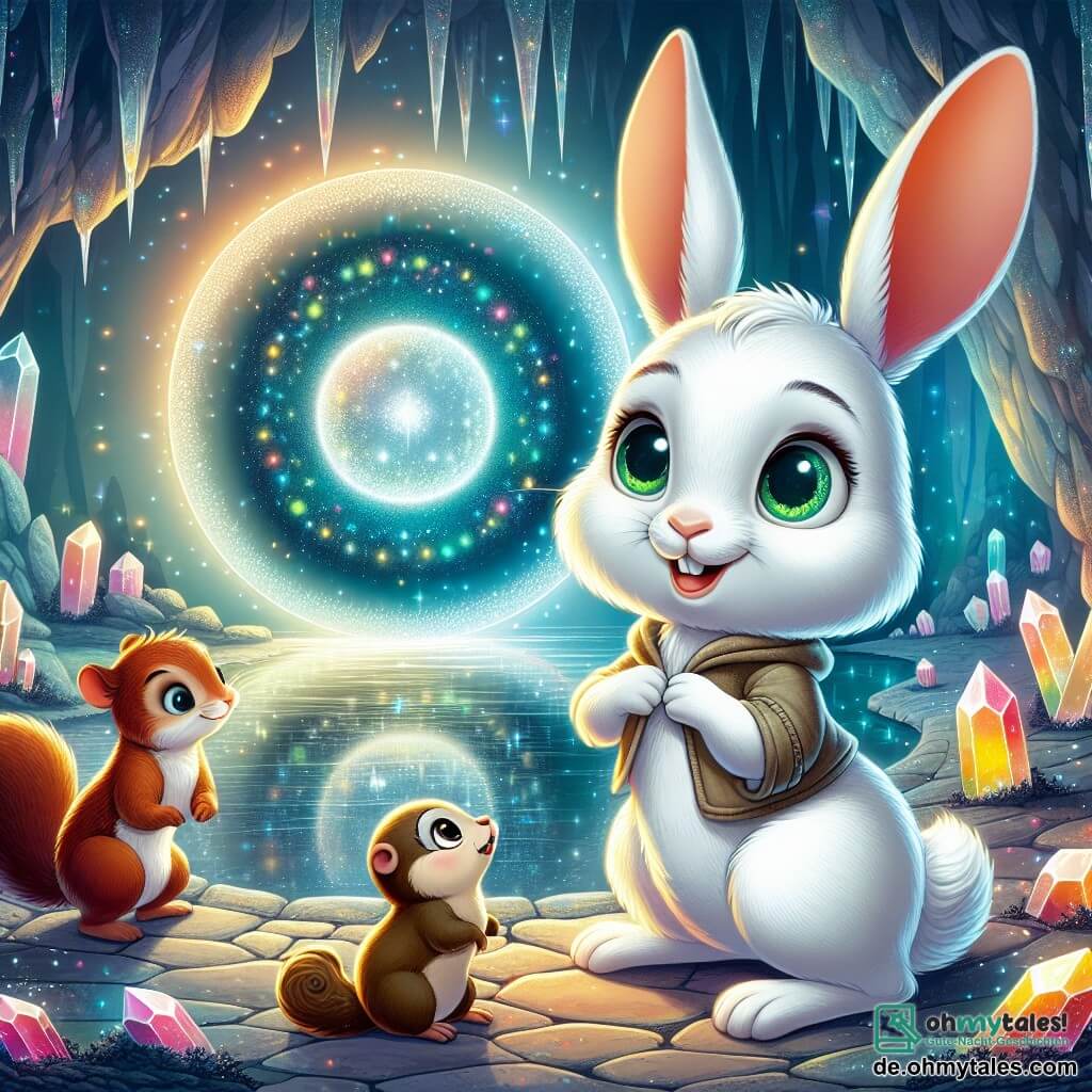 Ein kleiner Hase mit großen Ohren und weißem Fell, dessen grüne Augen vor Neugier sprühen, steht im Mittelpunkt des Bildes und schaut erstaunt auf einen riesigen leuchtenden Kreis vor ihm. Neben ihm lächelt ein freches Eichhörnchen mit rötlichem Fell und einem buschigen Schwanz fröhlich, während ein kleiner Maulwurf mit braunem Fell und runden, besorgten Augen die Szene nervös beobachtet. Sie befinden sich in einer weiten, geheimnisvollen Höhle, die mit funkelnden Kristallen geschmückt ist, die bunte Reflexionen an die Wände werfen und eine magische Atmosphäre schaffen. Die Hauptsituation zeigt den Moment, in dem der Hase und seine Freunde den leuchtenden Kreis entdecken, ein Symbol für eine Zeitreise, bereit, sich in eine neue, überraschende Epoche zu wagen.