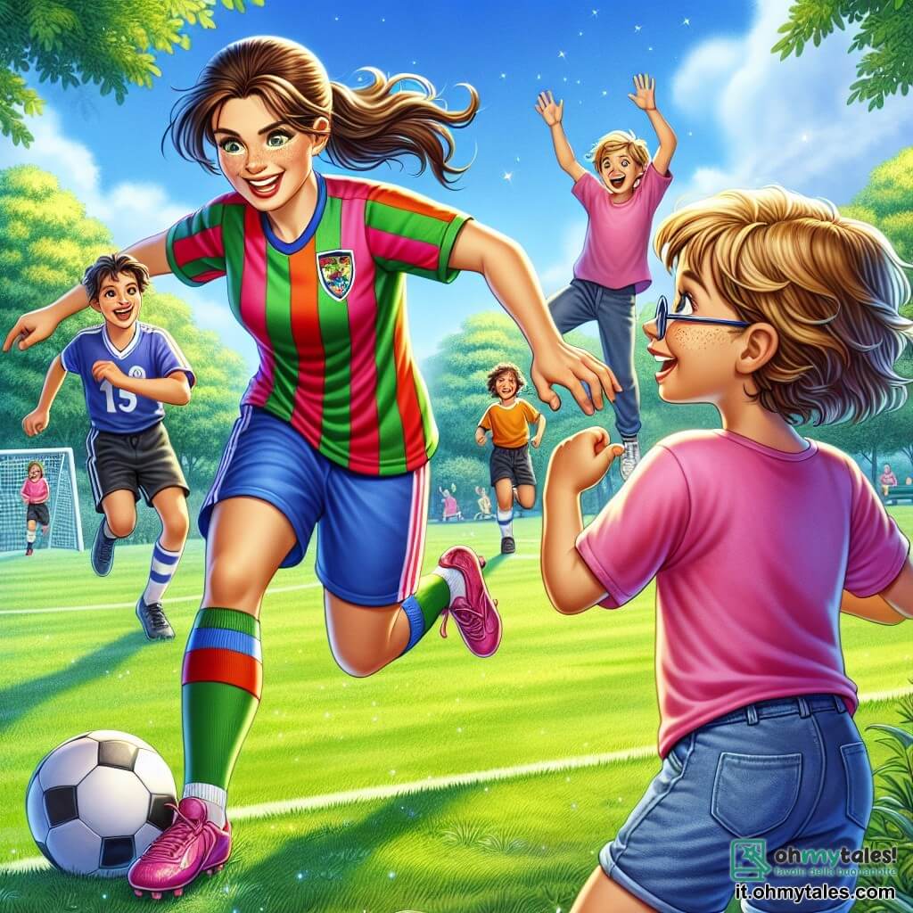 Sofia, una giovane donna atletica di circa 25 anni, è al centro dell'immagine, radiosa di gioia e determinazione. Indossa una maglietta da calcio colorata, ha i capelli castani raccolti in una coda di cavallo e un grande sorriso illumina il suo viso mentre dribbla il pallone con agilità sul campo. Accanto a lei, Martina, una bambina di 8 anni con capelli ricci e occhiali, la osserva con ammirazione, gli occhi spalancati, tenendo un pallone di calcio sotto il braccio. Indossa una maglietta rosa e un pantaloncino blu, e sembra impaziente di unirsi al gioco. Sullo sfondo, Luca, un ragazzo di 9 anni con capelli biondi arruffati, applaude entusiasta, in piedi su una piccola collina erbosa. Indossa la maglietta della sua squadra preferita e un pantaloncino nero, e il suo viso esprime grande eccitazione. La scena si svolge in un parco verdeggiante, con un cielo blu punteggiato di nuvole bianche, alberi maestosi che circondano il campo da calcio e bambini che giocano gioiosamente intorno a loro. La situazione principale mostra Sofia che insegna ai bambini come dribblare il pallone, incoraggiandoli a divertirsi mentre imparano, creando un'atmosfera di cameratismo e gioia sul campo.