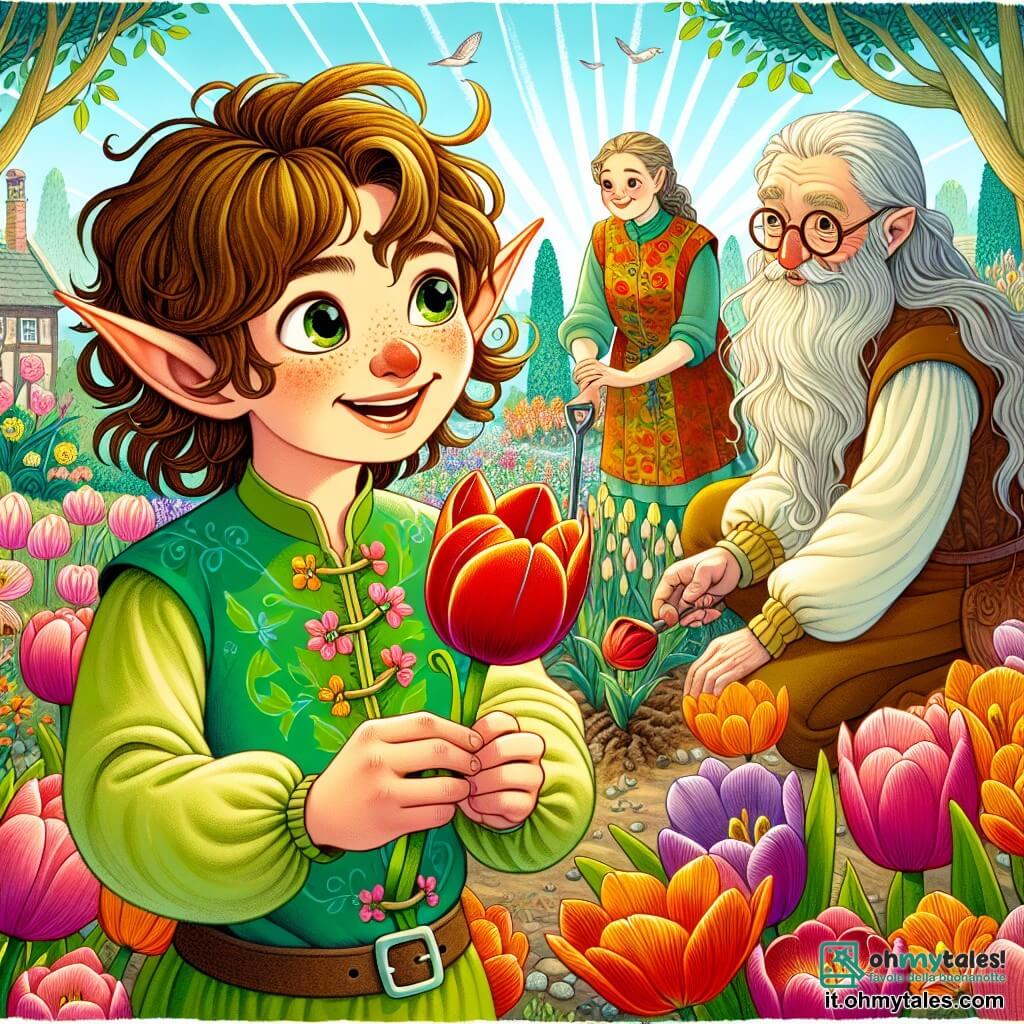 In primo piano, un giovane elfo di nome Luca, con orecchie a punta e capelli ricci castani, sorride meravigliato mentre tiene un bulbo di tulipano nelle mani. Indossa una tunica verde decorata con motivi floreali, e i suoi occhi brillano di gioia mentre si prepara a piantare nel giardino. Accanto a lui, sua madre, una donna dolce con lunghi capelli biondi, vestita con un abito colorato, lo incoraggia con un sorriso caloroso, mentre tiene una piccola pala. Sullo sfondo, suo nonno, un uomo anziano con barba bianca e occhiali rotondi, si occupa di un'aiuola di erbe aromatiche, mostrando un'espressione di orgoglio e soddisfazione. Il giardino è un vero e proprio quadro primaverile, pieno di fiori sgargianti di tutti i colori, con alberi in fiore e uccelli che cantano nel cielo blu. I raggi di sole illuminano la scena, creando un'atmosfera gioiosa e accogliente. La situazione principale mostra Luca e la sua famiglia mentre piantano fiori per il Festival dei Fiori, circondati da risate e canti, celebrando la bellezza della natura e la gioia di condividere questi momenti insieme.