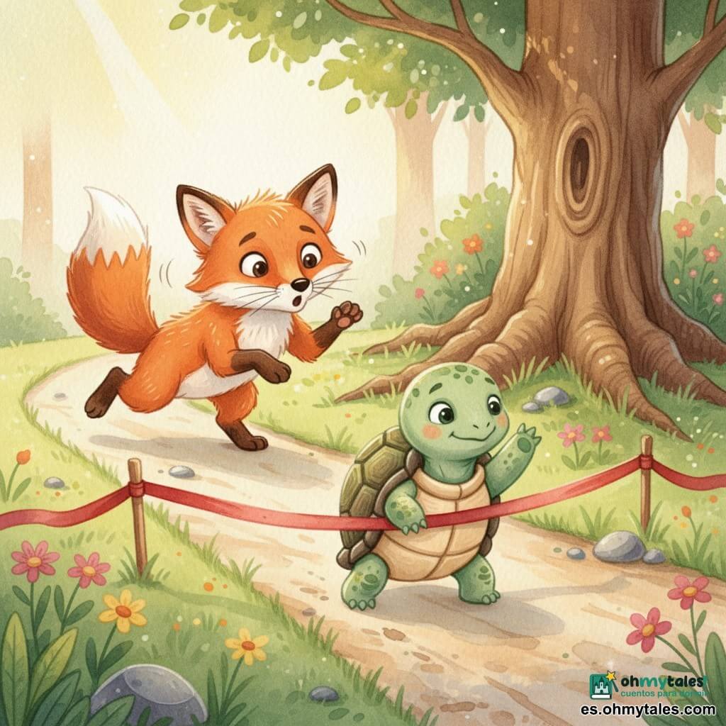 Un zorro rojo de pelaje brillante, ojos redondos sorprendidos, orejas puntiagudas y bigotes delicados, se incorpora corriendo con el pelo despeinado y mirada asombrada hacia delante; una tortuga pequeña y resuelta, caparazón verde con motas marrones y sonrisa dulce, con las patas sobre la línea de meta de cinta roja y la cabeza erguida con orgullo en el centro; un roble amplio con raíces visibles y un cojín de hierba donde el zorro dormía, hojas verde tierno y algunas flores silvestres rosas y amarillas; un camino de tierra atraviesa un claro soleado con rayos suaves, sombras ligeras y algunas piedras redondeadas; situación principal: la tortuga llega tranquila a la meta mientras el zorro, sorprendido y apresurado, llega tarde — victoria serena y sorpresa colorida.