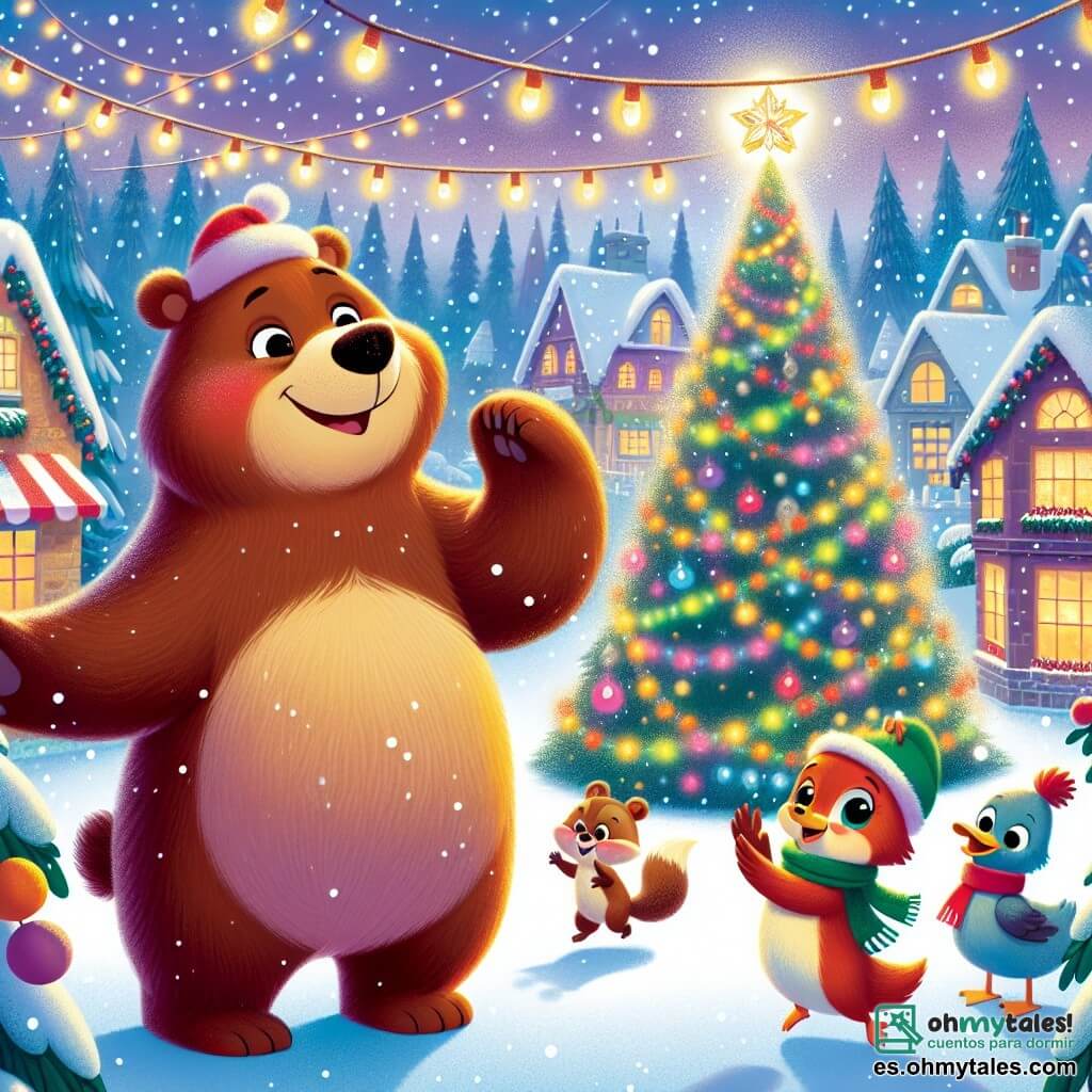Un gran oso pardo llamado Bruno, con una cálida sonrisa y ojos brillantes de alegría, se encuentra frente a un hermoso árbol de Navidad decorado con guirnaldas coloridas y luces centelleantes. Sostiene una estrella brillante en forma de cristal sobre su cabeza, irradiando magia y asombro. A su lado, una pequeña ardilla llamada Susi, con un pelaje de un rojo vivo y grandes ojos curiosos, salta de alegría levantando las patas en el aire, llena de emoción. Un poco más lejos, un pato llamado Don Pato, con un sombrero festivo en la cabeza y una amplia sonrisa, aplaude mirando a Bruno con admiración. La escena se desarrolla en un encantador pueblo nevado, donde las casas están cubiertas de nieve e iluminadas por luces navideñas. Copos de nieve caen suavemente del cielo, añadiendo un toque mágico a la atmósfera. Bruno, Susi y Don Pato celebran juntos la magia de la Navidad, rodeados de risas y alegría, listos para vivir una aventura inolvidable bajo las estrellas centelleantes.