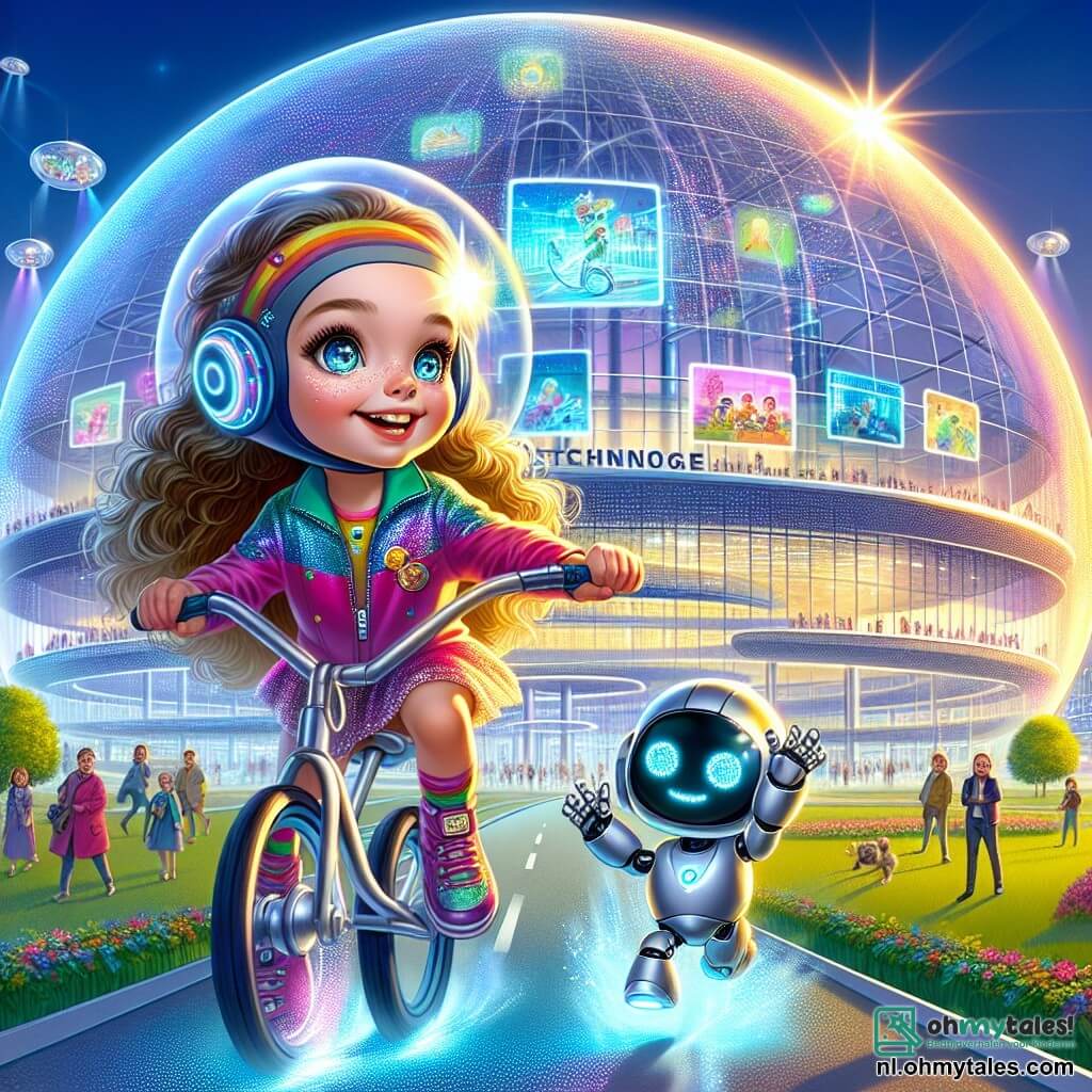 Een meisje van 6 jaar, genaamd Lila, met lange krullende haren en sprankelende nieuwsgierige ogen, zit op een Vliegende Fiets en glimlacht verwonderd. Ze draagt een kleurrijke overall en een futuristische helm die schittert in de zon. Naast haar danst haar vriendelijke robotvriend, Robo, vrolijk terwijl hij licht boven de grond zweeft. Hun omgeving is het Technologiecentrum, een enorm gebouw in de vorm van een luchtbel met knipperende lichten en felle kleuren die op de glazen muren weerkaatsen. Holografische schermen zweven om hen heen en tonen beelden van nieuwe uitvindingen. De hoofdscene laat Lila en Robo zien die zich voorbereiden om op te stijgen met de Vliegende Fiets, omringd door weelderige parken en glimlachende mensen die hen bewonderend aankijken. Lila, vol opwinding, is klaar om een ongelooflijk avontuur te beleven in deze sprankelende futuristische stad.