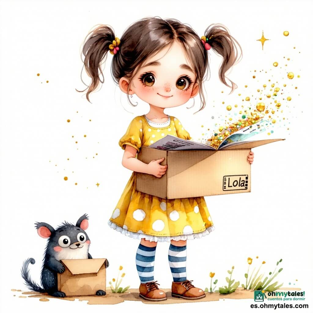 Lola, una niña de 6 años de cabello castaño en coletas, sonríe con picardía mientras abraza una caja de cartón abierta etiquetada DESAFÍOS IMPOSIBLES; en su mano izquierda sostiene un plano plegado del que flota polvo brillante y una llave antropomorfa dibujada —como una burbuja dorada sonriente— parece reír mientras el plano en acordeón se despliega y libera chispas multicolores. En el patio de recreo (suelo de hormigón con tizas de colores, columpio difuminado a la izquierda, bancos y dibujos infantiles en la pared) aparece al fondo, curioso y tímido, un pequeño monstruo con grandes calcetines a rayas asomado tras una pila de almohadas; ambiente de asombro, curiosidad y comienzo de aventura.