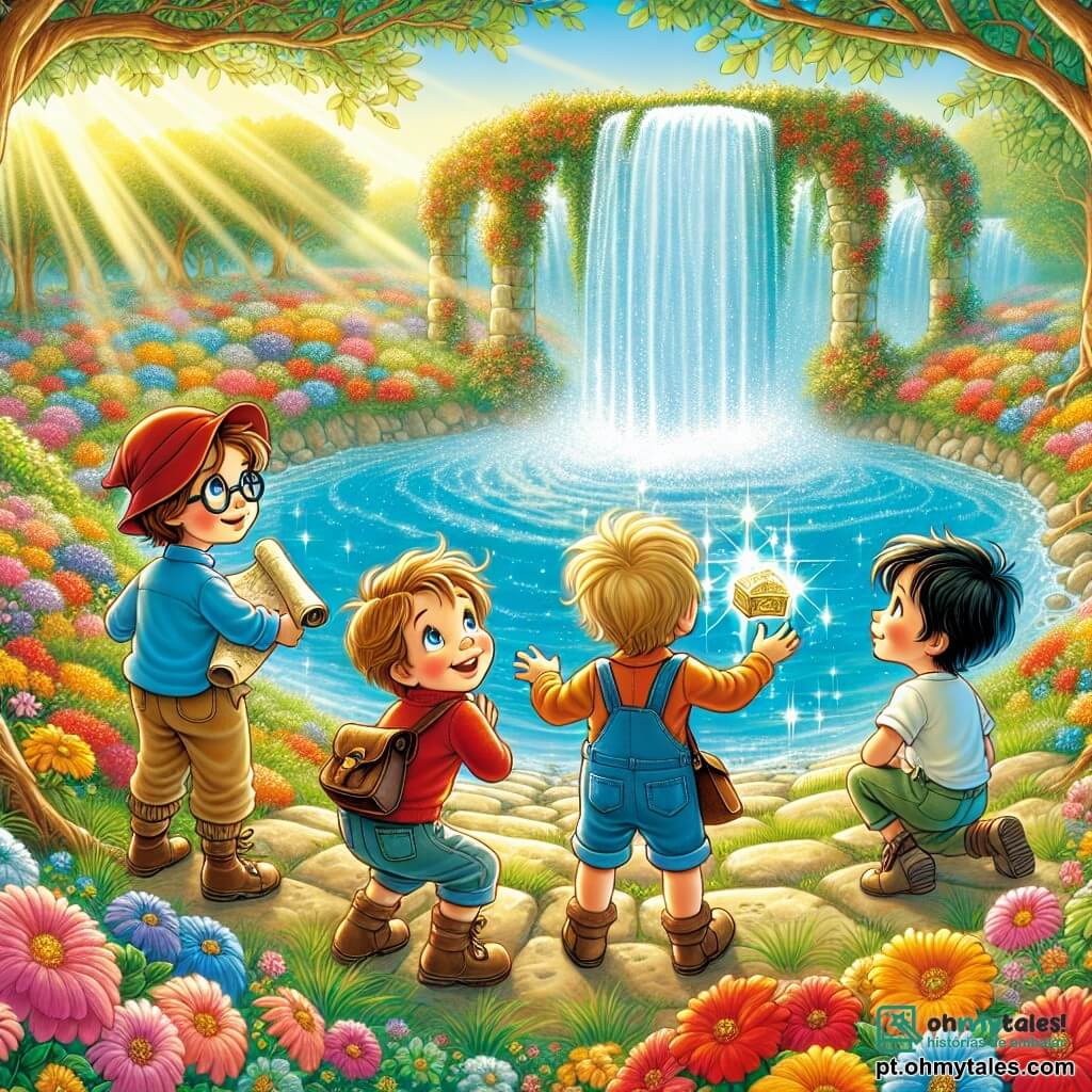Quatro pequenos aventureiros estão à beira de uma magnífica fonte cintilante, cercada por flores coloridas. Miguel, um garoto de 8 anos com cabelos castanhos bagunçados e óculos redondos, observa a fonte com admiração, segurando um velho mapa enrolado nas mãos. Lucas, um menino de 7 anos com cabelos loiros e olhos azuis, está agachado perto da água, tentando pegar uma caixa brilhante que flutua na superfície. João, um garoto de 9 anos com cabelos negros e um boné vermelho, sorri segurando uma pedra na mão, pronto para ajudar seus amigos a puxar a caixa para eles. Pedro, um menino de 8 anos com cabelos castanho-claros e óculos de sol, está de pé, de braços cruzados, com um grande sorriso, observando a cena com entusiasmo. A fonte é cercada por flores multicoloridas, com raios de sol filtrando através das folhas das árvores, criando uma atmosfera mágica. A água brilha como diamantes, e pequenos pássaros cantam nos galhos acima deles. Os quatro amigos estão em uma aventura, procurando um tesouro escondido na fonte, cheios de excitação e curiosidade, prontos para descobrir o que este dia lhes reserva.