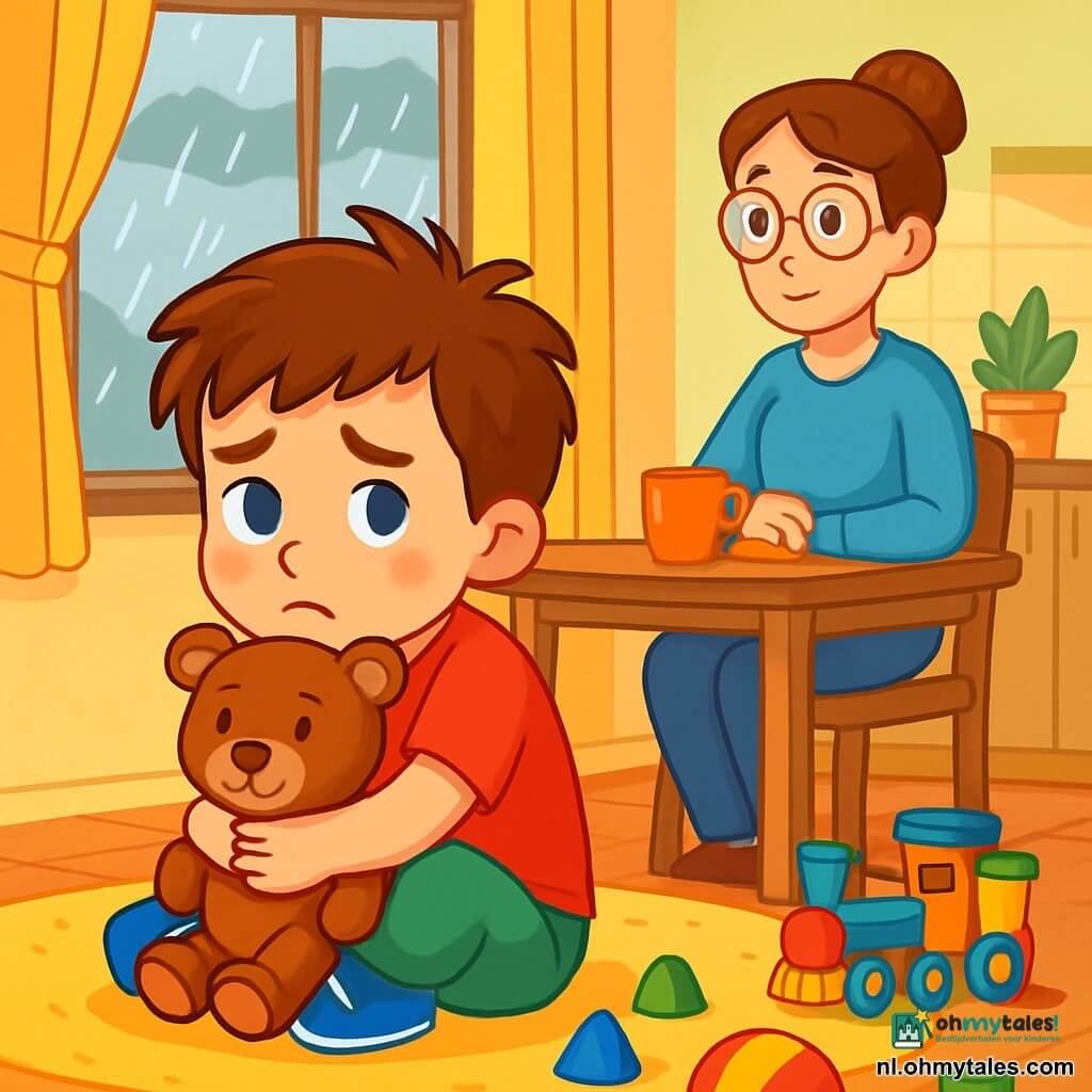 Een 6-jarig jongetje, Sam, met rommelig bruin haar en sprankelende blauwe ogen, zit op een zacht geel tapijt. Zijn gezicht toont een uitdrukking van verdriet, met gefronste wenkbrauwen en een kleine pruillip. Hij knijpt stevig in zijn knuffel, een teddybeer genaamd Bram, die een zachte bruine vacht en een troostende glimlach heeft. 

Zijn moeder, een vrouw van ongeveer 30 jaar met bruin haar in een knot en ronde brillen, zit aan de keukentafel en kijkt liefdevol naar Sam. Ze draagt een lichtblauwe trui en heeft een rustgevende blik, klaar om naar haar zoon te luisteren. 

De scène speelt zich af in een warm huis, met pastelgekleurde muren en speelgoed verspreid over de vloer. Buiten valt de regen zachtjes, wat druppels op het raam creëert, terwijl de lucht grijs en bewolkt is. 

Sam, verloren in zijn gedachten, kijkt uit het raam en vraagt zich af waarom hij zich zo verdrietig voelt, terwijl zijn moeder dichtbij blijft, klaar om hem troost te bieden.