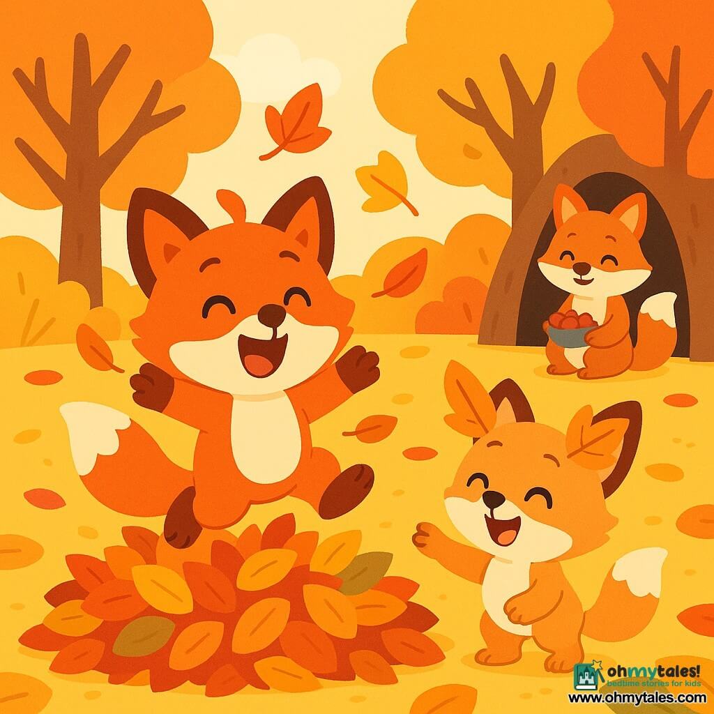 A joyful small red fox named Felix jumps into a big pile of colorful leaves with round eyes, a white belly, bushy tail and paws in the air while leaves fly around him; his lighter little sister Fifi, amused and laughing with two leaves on her ears, stands beside the pile reaching a paw; their mother, smiling and gentle, sits near the cozy den entrance holding a small bowl of berries in the background; autumn forest clearing with stylized brown trunks, orange-red-yellow foliage, a ground carpeted in flat colorful leaves and a soft bright sky; main scene: joyful sibling play with swirling leaves, simple composition, bright colors and rounded shapes suitable for toddlers.