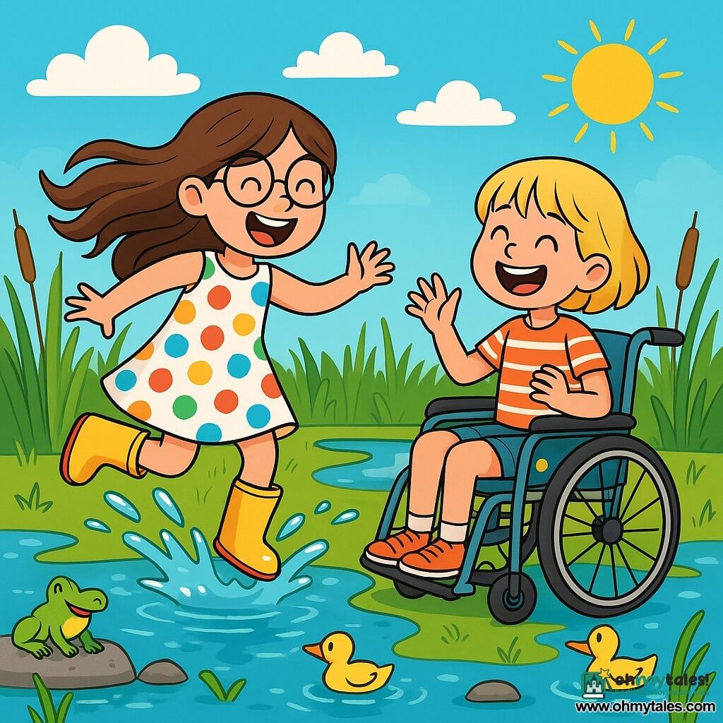 There are two main characters: Lily, an 8-year-old girl with long brown hair and round glasses, wearing a colorful polka dot dress and rubber boots, joyfully jumping in a large puddle; and Mia, also 8, with short blonde hair in a wheelchair decorated with colorful stickers, wearing a striped t-shirt and shorts, laughing as she tries to avoid Lily's splashes. The scene takes place in a sunny marsh filled with large shimmering puddles, surrounded by clumps of green reeds. Frogs leap from stone to stone under a bright blue sky dotted with fluffy white clouds. The main situation shows Lily and Mia on an adventure, laughing as they navigate the puddles, accompanied by curious ducks and small streams winding through the grass.