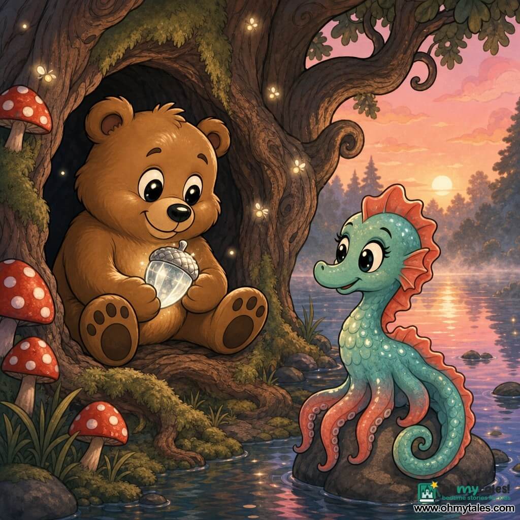 A soft round bear with shiny caramel fur and big pudgy paws sits in a bark hollow cradling a glowing silver acorn-crystal while a coral-and-sea-green seahorse-squid hybrid with shimmering scales smiles beside a pond, tail curled on a stone watching; behind them a hollow old oak with spiral roots, velvet moss, red-and-white mushrooms and floating fireflies frames a calm pond reflecting a rosy dawn—tender dawn scene, light mist, warm colors, high contrast, rounded features and exaggerated rubber-hose expressions.