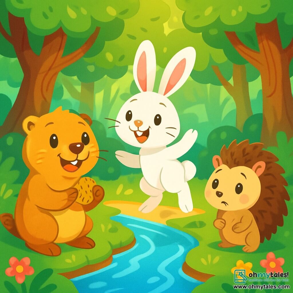 A marmot named Millie, with shiny golden fur and sparkling curious eyes, stands by a sparkling stream, a joyful smile on her face. She holds a small oat cookie in her front paws, ready to share. Next to her, a rabbit named Benny, with large ears and white fur, hops excitedly, his eyes shining with excitement. A little further back, a hedgehog named Hazel, with brown spikes and a shy look, watches with a mix of nervousness and hope. The setting is an enchanted forest, where tall trees with gnarled trunks rise towards the sky, their green leaves dancing in the wind. Sun rays filter through the foliage, illuminating the soft moss-covered ground and colorful flowers. The scene shows Millie, Benny, and Hazel preparing to cross the silver stream, surrounded by the magic of the whispering trees, ready to discover the secrets of the forest.