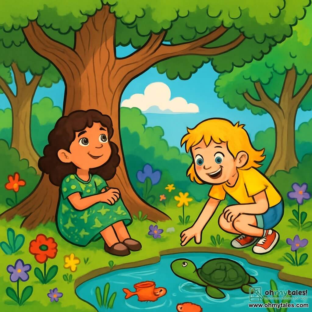 There are two main characters: Lily, a 10-year-old girl with curly brown hair, wearing a green floral dress, sitting under a large oak tree with a dreamy gaze towards the sky. Emma, also 10, has messy blonde hair, dressed in a yellow t-shirt and denim shorts, crouching by a pond, watching the swimming fish with a look of wonder. The main setting is an enchanted clearing surrounded by tall trees with gnarled trunks and vibrant green leaves. In the center, a majestic oak stretches its branches like welcoming arms, while a sparkling pond reflects the blue sky and fluffy clouds. Colorful flowers dot the ground, adding splashes of red, purple, and yellow. The main situation shows Lily and Emma discovering the magic of nature, sitting together in the clearing, sharing laughter and dreams, as an old turtle swims peacefully in the pond, adding a touch of wisdom to their adventure.