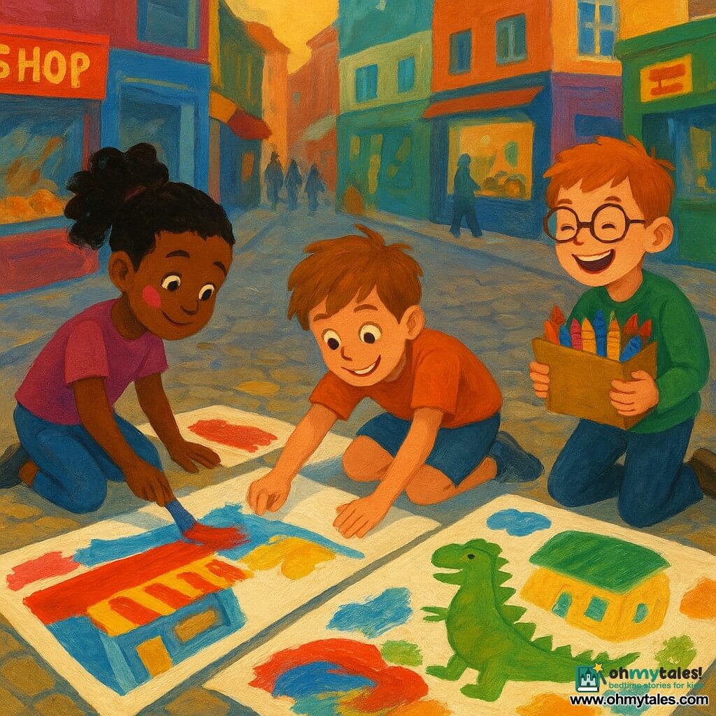 Tommy is a 10-year-old boy with bright eyes, a mischievous smile and messy light brown hair, crouching and concentrating as he holds a roll of tape to stick a large drawing sheet to the ground; Lucy, about 9, with black curly hair in a ponytail and a pink paint smudge on her cheek, stands to the left coloring a shop window with broad brushstrokes; Max, about 10, with red hair, round glasses and a joyful expression, stands to the right laughing and holding an overstuffed box of crayons; they work on a giant coloring book laid out on a cobbled pedestrian street lined with small colorful shops, a bakery with a wooden window, and blurred passersby, taping white sheets into a mosaic covered in naïve shop drawings, a little T‑rex peeking behind the bakery and bold, textured areas of vivid paint; the scene is lit by warm evening light with long shadows, a joyful atmosphere, visible gouache strokes and the motion of papers and chalk.