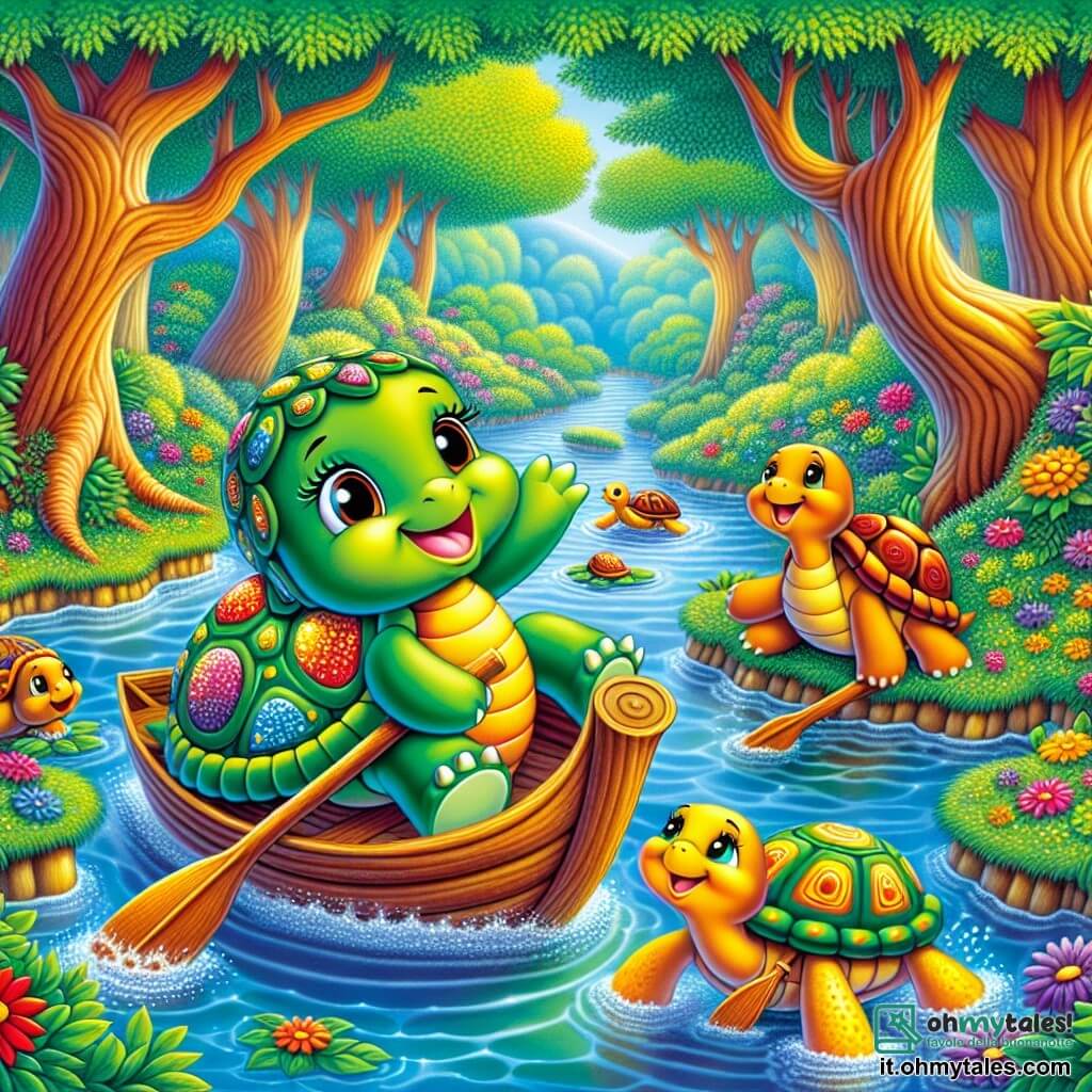 In un magnifico boschetto verdeggiante, una piccola tartaruga di nome Tilly, con un guscio lucido e verde decorato con motivi colorati, naviga allegramente su una barca fatta di foglie e rami. Sorride ampiamente, gli occhi scintillanti di felicità, mentre scivola dolcemente sull'acqua chiara di un ruscello. Accanto a lei, due tartarughe amiche, Greta e Lili, con i gusci striati di giallo e arancione, la incoraggiano con entusiasmo. Greta, con uno sguardo determinato, spinge la barca ridendo, mentre Lili, dagli occhi dolci e rotondi, applaude con gioia, in piedi sulla riva. Il paesaggio è incantevole: alberi maestosi con tronchi spessi circondano il ruscello, le cui foglie danzano al vento, e fiori colorati sbocciano tutto intorno, aggiungendo tocchi di rosso, blu e viola a questo quadro vivente. La scena rappresenta Tilly, piena di gioia e determinazione, mentre partecipa a una corsa amichevole con le sue amiche, dimostrando che l'amicizia e la creatività possono superare tutti gli ostacoli, anche quelli legati alla disabilità.
