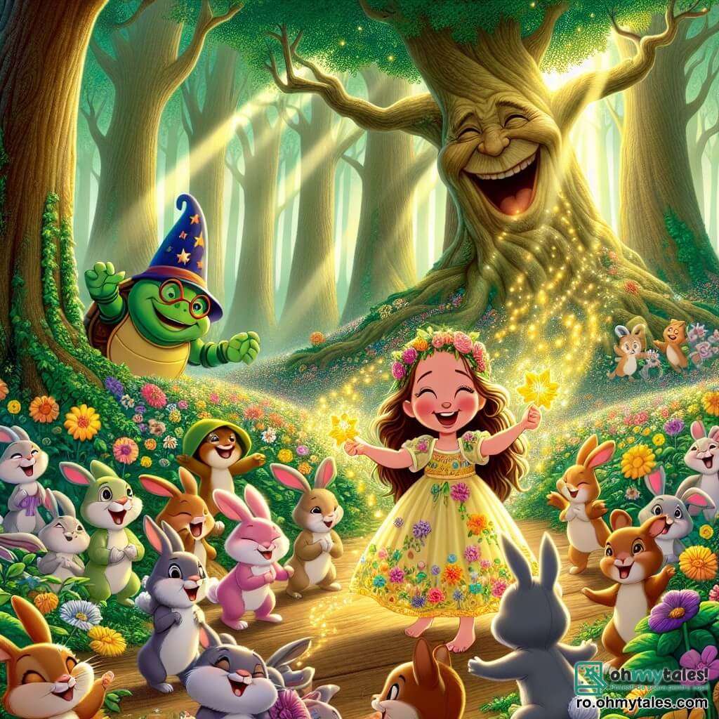O fetiță de 8 ani, Ana, cu părul lung castaniu deschis și ochi strălucitori de curiozitate, poartă o rochie galbenă împodobită cu flori colorate. Zâmbește fericită, ținând o frunză de aur în mâini, înconjurată de un grup de iepuri jucăuși care dansează în jurul ei. Maestro Turtelini, o broască țestoasă de aproximativ 50 de ani, poartă o pălărie de magician și zâmbește amuzat, stând pe o piatră mare, în spatele Anei. Locul este o pădure magică, cu arbori înalți, flori care cântă și raze de soare strălucind printre frunze. În fundal, se află Copacul Râsetelor, un copac imens cu crengi care râd și frunze de aur. Ana, plină de bucurie, a cules o frunză de aur de la Copacul Râsetelor și se pregătește să împărtășească magia râsetelor cu prietenii ei, în timp ce iepurii dansează în jurul ei, creând o atmosferă veselă.