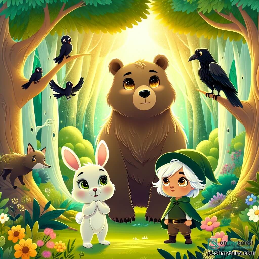 Uma urso chamada Bia, com pelagem suave e cremosa, olhos brilhantes como estrelas, está no centro da cena, exibindo uma expressão de determinação e curiosidade. Ela está cercada por seus amigos: Charlie, um pequeno coelho de grandes orelhas e pelagem branca, que salta de excitação ao seu lado, e Olívia, uma corvo sábia com penas pretas brilhantes, empoleirada em um galho logo acima. A cena se passa em uma floresta verdejante, banhada por luz dourada, com árvores majestosas de folhas vibrantes e flores coloridas espalhadas pelo chão. Ao fundo, uma caverna escura se destaca, adicionando um toque de mistério ao ambiente. Bia e seus amigos se preparam para entrar na caverna do velho lobo em busca da cenoura mágica de Charlie, com expressões de excitação e nervosismo em seus rostos, ilustrando o espírito de aventura e amizade que os une.