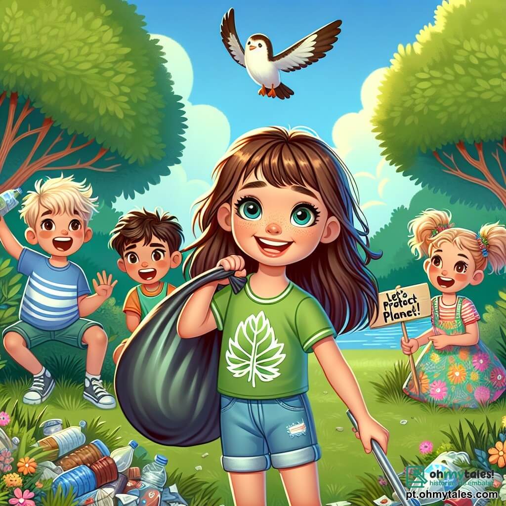 No centro da imagem, uma menina de 10 anos, Clara, com longos cabelos castanhos e olhos brilhantes, sorri alegremente enquanto segura um grande saco de lixo cheio de resíduos que acabou de coletar. Ela usa uma camiseta verde com um padrão de folha e um short jeans, e sua expressão mostra determinação e alegria em ajudar a natureza. Ao lado dela, um menino de 9 anos, Lucas, com cabelos loiros bagunçados e uma camiseta azul, a ajuda a coletar lixo. Ele parece entusiasmado, rindo e apontando para um pássaro que voa acima deles. Outro personagem, uma menina de 8 anos, Emma, com tranças castanhas e um vestido colorido, está sentada na grama, segurando uma placa feita à mão que diz "Protejamos nosso planeta!" e sorri orgulhosamente. O local da cena é um parque verdejante, cheio de árvores majestosas, flores vibrantes e um pequeno lago com patos. O céu é de um azul brilhante, com algumas nuvens brancas fofas, criando uma atmosfera alegre e acolhedora. A situação principal mostra Clara e seus amigos limpando o parque, unidos em sua missão de proteção ao meio ambiente, enquanto se divertem e compartilham risadas, ilustrando a importância de cuidar da natureza juntos.