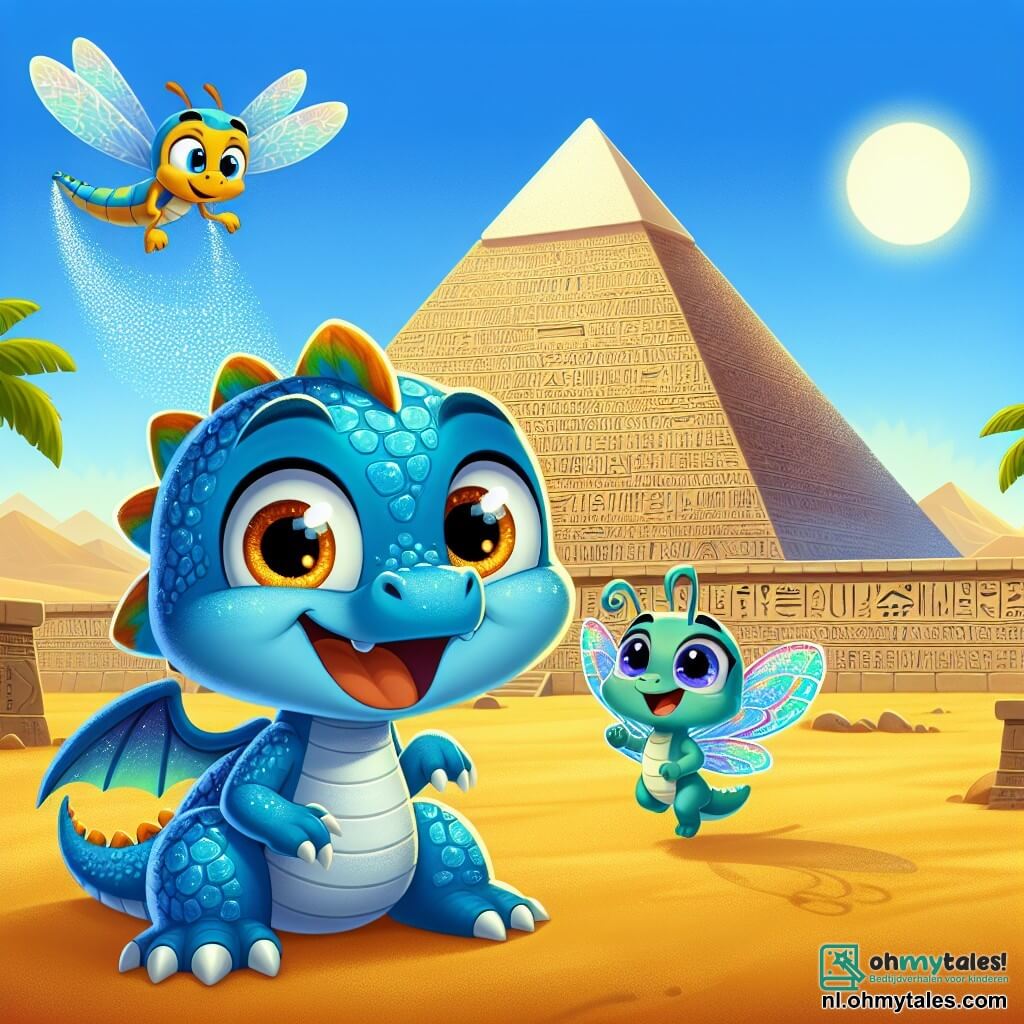Dinky, een kleine blauwe draak met glinsterende schubben en nieuwsgierige ogen, staat voor een grote Egyptische piramide, zijn gezicht straalt van opwinding en verwondering. Hij heeft kleine vleugels en een brede glimlach, klaar om de verborgen geheimen binnenin te ontdekken. Naast hem vliegt Flapper, een blije kleine libelle met kleurrijke en doorschijnende vleugels, om Dinky heen, haar ogen stralen van enthousiasme. Ze maakt cirkels in de lucht en moedigt Dinky aan om de piramide binnen te gaan. De omgeving is een uitgestrekt gouden zand onder een stralende blauwe lucht, met de majestueuze piramide op de achtergrond, versierd met mysterieuze hiërogliefen die in de zon glinsteren. Palmbomen wiegen zachtjes in de wind, wat een vleugje groen toevoegt aan dit woestijnlandschap. Dinky en Flapper, vol energie en nieuwsgierigheid, bereiden zich voor om de piramide binnen te gaan, hun harten kloppen van opwinding bij de gedachte aan de verborgen schat en de oude verhalen die hen binnen wachten.