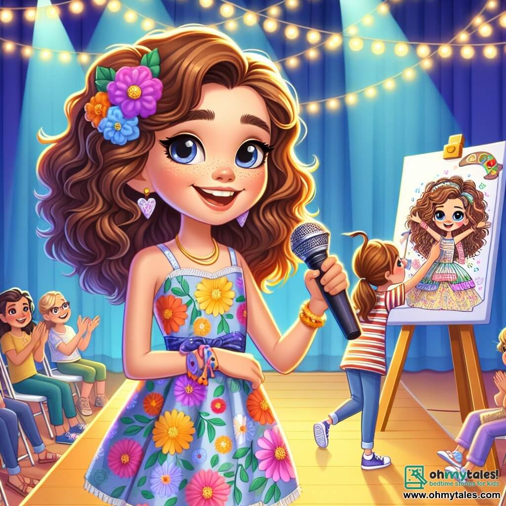 An 11-year-old girl, Mia, stands on stage, radiant and confident, with curly brown hair cascading over her shoulders and a big smile lighting up her face. She wears a colorful dress with floral patterns and holds a microphone, ready to tell the story of Doodle Diva. Next to her, her best friend Lily, also 11, enthusiastically draws on a large board. Lily has long, smooth hair tied in a ponytail, wearing a striped t-shirt and jeans. Her face shows both concentration and joy as she creates colorful characters that come to life under her hands. The stage is set in a gym decorated with fairy lights and colorful balloons, with parents and classmates sitting in chairs, applauding and smiling, creating a warm and festive atmosphere. The main scene shows Mia and Lily presenting their performance, with Mia narrating the story of Doodle Diva while Lily draws fun scenes, captivating the attention of the amazed audience.