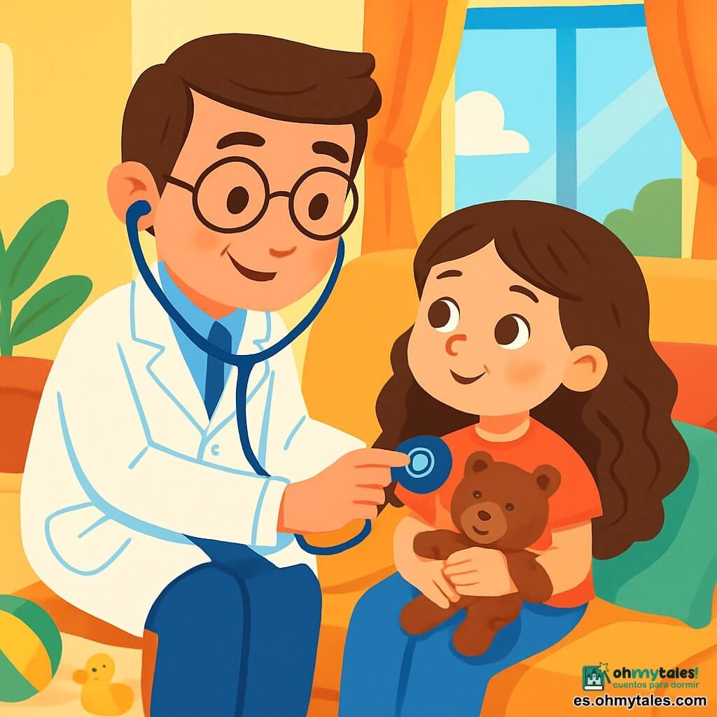 Un hombre, el doctor Pablo, sonriente y benevolente, lleva una bata blanca brillante y un estetoscopio alrededor del cuello. Tiene cabello castaño y gafas redondas que le dan un aire amigable. Está escuchando el corazón de una niña, Luli, que tiene alrededor de 7 años, con una mirada curiosa y una sonrisa tímida. Luli, con cabello largo y rizado, sostiene un oso de peluche en sus brazos, sentada en un sofá suave, rodeada de cojines coloridos. La escena se desarrolla en la cálida sala de una casa, con paredes pintadas de amarillo pastel y ventanas que dejan entrar la luz del sol. Hay juguetes esparcidos por el suelo y un olor a sopa en el aire. El doctor Pablo escucha atentamente el corazón de Luli, quien ríe suavemente imitando el sonido de su corazón, creando una atmósfera alegre y reconfortante.