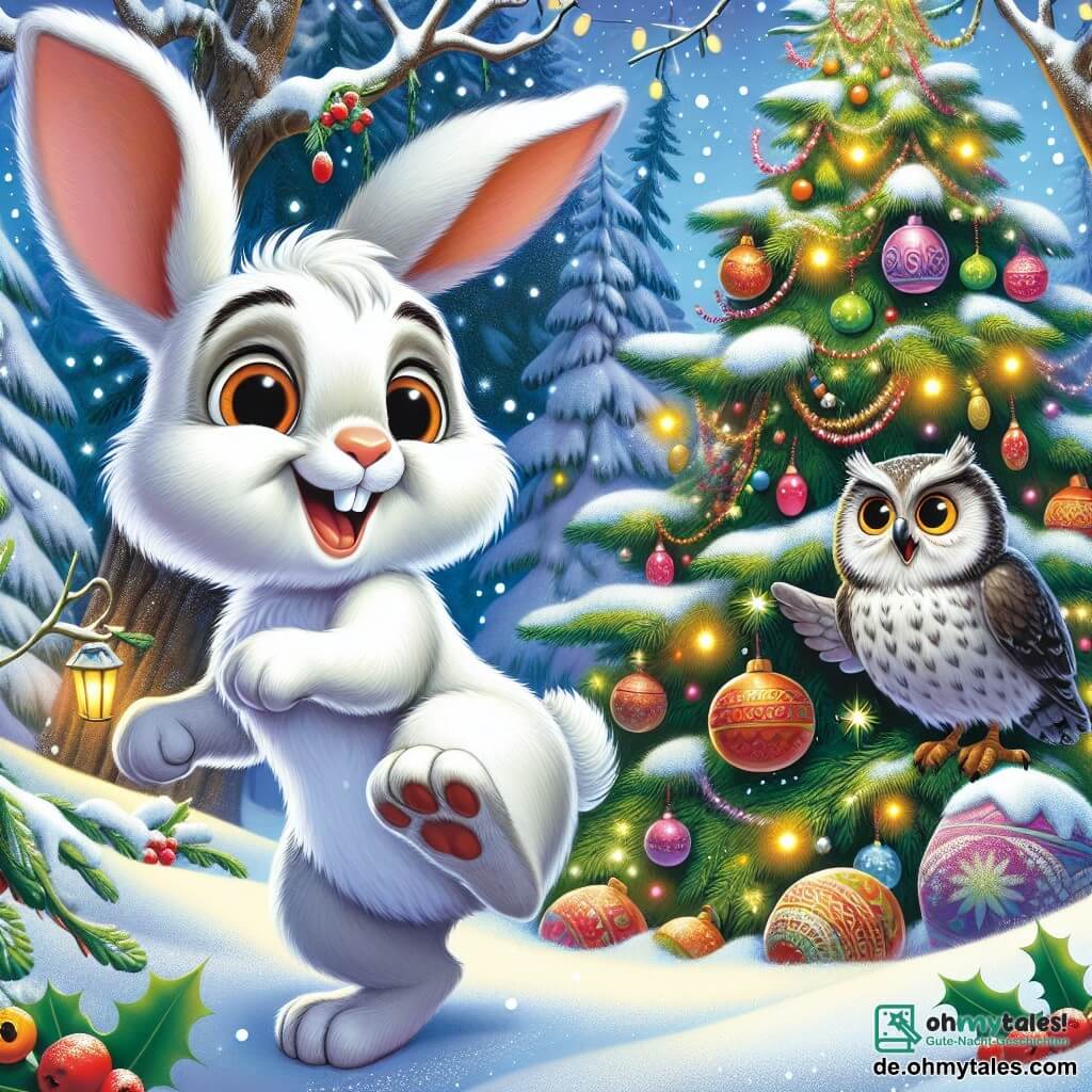Hopsi, ein kleiner Hase mit großen Ohren und schneeweißem Fell, springt fröhlich um einen großen Tannenbaum, der mit bunten Beeren und funkelnden Girlanden geschmückt ist, sein Gesicht strahlt vor Aufregung und Glück. Neben ihm beobachtet Herr Graufeder, ein weiser alter Uhu mit grauen Federn und runden, glänzenden Augen, die Szene mit einem wohlwollenden Lächeln von einem niedrigen Ast des Baumes aus, bereit, die Bemühungen seines Freundes zu applaudieren. Der Ort ist eine verzauberte Lichtung, auf dem der Boden mit einer dicken Schicht funkelnden Schnees bedeckt ist, während sanfte Schneeflocken vom Himmel fallen und eine magische, festliche Atmosphäre schaffen. Die Hauptsituation zeigt Hopsi und seine tierischen Freunde, die eine fröhliche Weihnachtsfeier vorbereiten, mit Lachen und Gesang, während sie den Baum schmücken und Leckereien in einer warmen, einladenden Stimmung teilen.