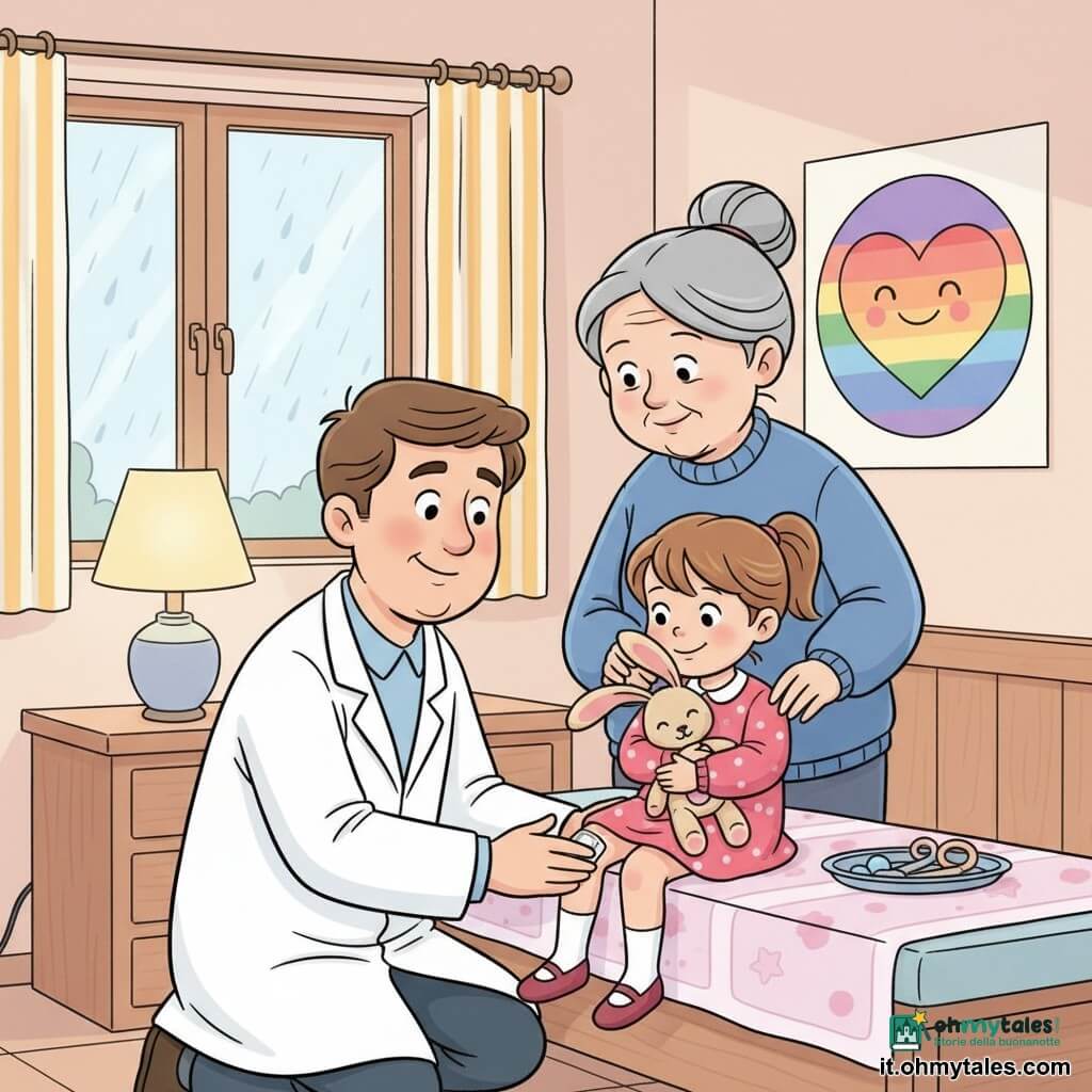 Un medico uomo di circa 35-45 anni, viso tondo e sorriso dolce, capelli castani corti, occhi benevoli, è inginocchiato e applica un cerotto bianco con stelline su un ginocchio sbucciato; trasmette calma e calore con gesti precisi. Una bambina, Sofia, circa 6 anni, capelli castano chiaro raccolti in coda, vestitino rosa a pois, stringe il suo pupazzo con orgoglio e sollievo, seduta sul lettino alla stessa altezza del medico. La nonna, circa 65 anni, capelli grigi raccolti, maglione blu, è in piedi dietro Sofia con una mano rassicurante sulla spalla, sguardo tenero e protettivo. La stanza è una sala pediatrica luminosa e accogliente con pareti chiare, un grande poster colorato a forma di cuore-sole, una finestra con gocce di pioggia e tenda a righe, una lampada dalla luce calda, un lettino coperto da un telo a motivo e un vassoio metallico con strumenti arrotondati. La scena rappresenta un gesto collettivo di cura semplice e positivo: piccolo camice bianco che cura, bambina coraggiosa con il suo pupazzo, e nonna rassicurante, atmosfera cocoon, colori pastello e texture morbide.
