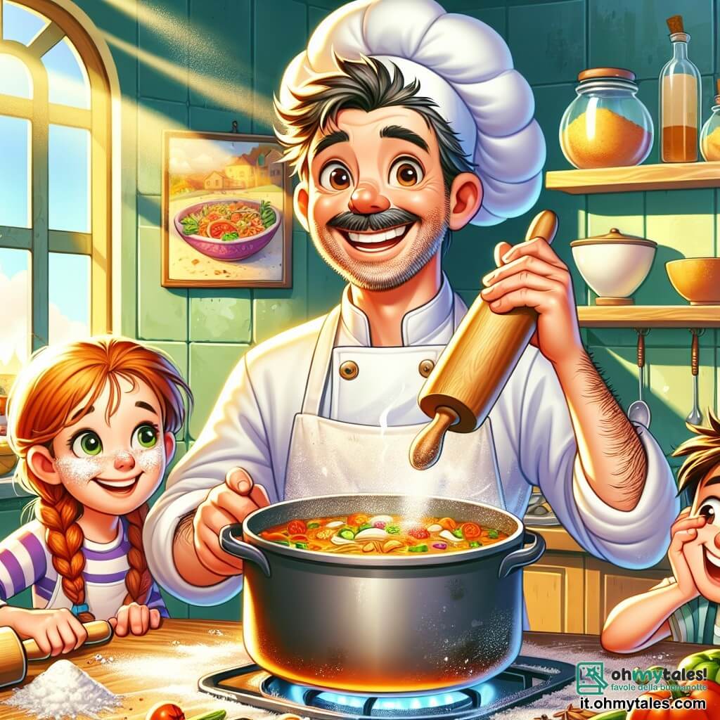 Un cuoco felice, un uomo di circa cinquant'anni con capelli castani leggermente brizzolati e occhi scintillanti di malizia, indossa un grande cappello da chef e un grembiule bianco macchiato di farina. Sorride ampiamente mentre mescola una grande pentola di zuppa colorata sul fuoco. Accanto a lui, una bambina di 8 anni, Martina, con capelli rossi intrecciati e macchie di farina sul viso, lo osserva con ammirazione, tenendo un matterello. Un bambino di 7 anni, Samuele, con capelli castani in disordine e un sorriso birichino, sta spolverando farina sul tavolo, ridendo della sua stessa goffaggine. La scena si svolge in una cucina luminosa e accogliente, piena di utensili da cucina colorati, verdure fresche sul piano di lavoro e barattoli di vetro pieni di spezie. I muri sono decorati con quadri di piatti deliziosi, e la luce del sole filtra attraverso una finestra, illuminando lo spazio in modo caldo. La situazione principale mostra il cuoco e i bambini intenti a preparare un pasto festivo, con risate e gesti vivaci, creando un'atmosfera gioiosa e conviviale, piena di magia culinaria.
