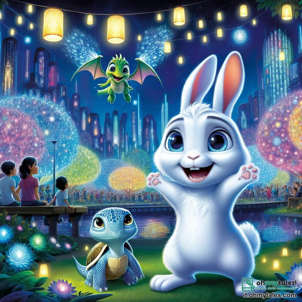 Un giovane coniglio di nome Pino, con un pelo bianco splendente e grandi occhi blu scintillanti di eccitazione, si trova al centro di un parco futuristico, con le zampe sollevate in segno di gioia. Accanto a lui, un piccolo drago di nome Zaffiro, con squame scintillanti di blu e verde, vola in cerchio, mostrando un sorriso meravigliato, mentre una saggia tartaruga di nome Tethys, con un guscio decorato da motivi colorati, osserva con uno sguardo benevolo, seduta su una panchina. Il parco è pieno di alberi con frutti luminosi che brillano nella notte, illuminando l'ambiente con una dolce luce colorata, mentre edifici futuristici scintillano sullo sfondo, riflettendo le stelle. La scena principale mostra Pino e i suoi amici che festeggiano il successo del loro progetto di piantagione di alberi, circondati da lanterne fluttuanti e cittadini meravigliati, tutti ammirando la magia della loro città illuminata.