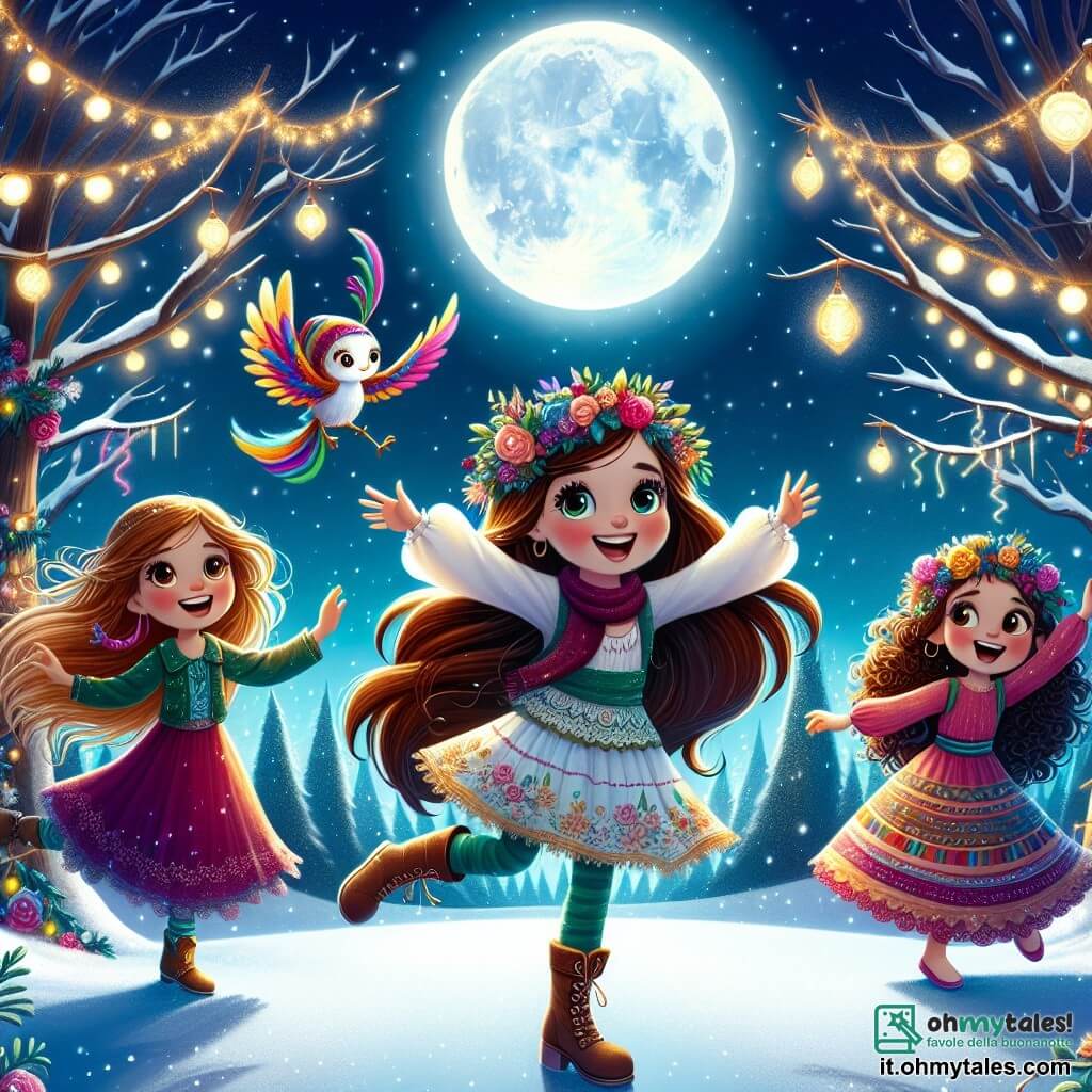 In un incantevole boschetto innevato, tre ragazze si sono riunite per celebrare il Capodanno. Giulia, una ragazza di dieci anni con lunghi capelli castani e un sorriso radioso, si trova al centro, alzando le braccia con entusiasmo. Alla sua sinistra, Sara, una ragazza di dieci anni con una gamba di legno colorato, ride gioiosamente mentre tiene un piccolo specchio magico che riflette il suo sorriso. A destra, Martina, una ragazza di dieci anni con capelli ricci e occhi scintillanti, danza con una piuma colorata in mano, circondata da luci scintillanti appese ai rami degli alberi. Il luogo è un boschetto fatato, con alberi coperti di neve scintillante e decorati con ghirlande luminose. La luna brilla alta nel cielo, illuminando la scena con una dolce luce argentata, mentre fiocchi di neve cadono delicatamente intorno a loro. Le tre amiche danzano e ridono insieme sotto la luna piena, celebrando la loro amicizia e l'arrivo del Capodanno, pronte a vivere nuove avventure.