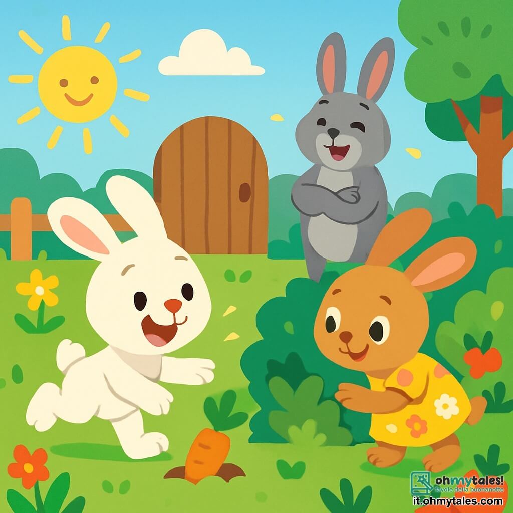 Un coniglietto di nome Lallo, con un pelaggio bianco e morbido, orecchie lunghe e occhi curiosi, sta cercando la sua carota preferita. Ha un'espressione gioiosa e determinata, con un sorriso brillante. Accanto a lui, sua sorella Pina, una coniglietta marrone chiaro con guance rosa, guarda sotto un cespuglio con aria divertita. Indossa un vestito a fiori e i suoi occhi brillano di eccitazione. Il loro papà, un grande coniglio grigio, osserva dal cancello del giardino, ridendo dolcemente, con un'espressione affettuosa. Il giardino è incantevole, pieno di fiori colorati e alberi verdi. Lallo e Pina sono immersi nella ricerca della carota scomparsa, circondati da risate e scoperte.
