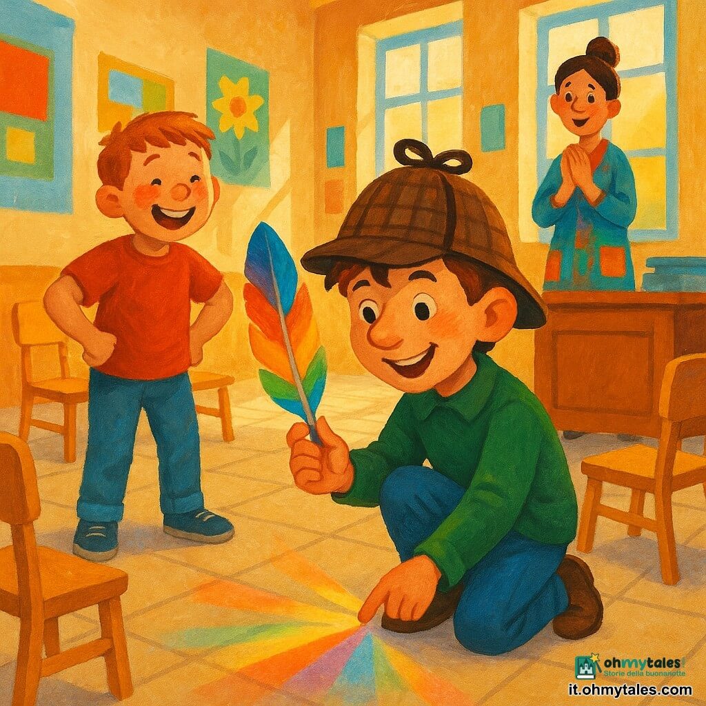 Un ragazzo di 8 anni, entusiasmo radioso, mento pronunciato sotto un grande cappello da detective; accovacciato, sorride trionfante tenendo tra le dita una grande penna arcobaleno lucida. Un altro ragazzo di circa 8 anni (Marco), volto rotondo e lentiggini, a sinistra con le mani sui fianchi, ride guardando chi ha trovato la penna. Una donna adulta (l’insegnante, 30–40 anni), capelli raccolti a chignon, camicetta colorata, sullo sfondo vicino a un banco con le mani giunte, sorpresa e felice. Luogo: ampio atrio della scuola inondato di luce, pavimento piastrellato beige, sedie in legno chiaro sparse, poster colorati alle pareti, finestre alte con raggi di sole. Situazione principale: momento della scoperta — la penna arcobaleno spunta da sotto una sedia, riflessi colorati sul pavimento, espressione di vittoria, atmosfera calda e collaborativa.