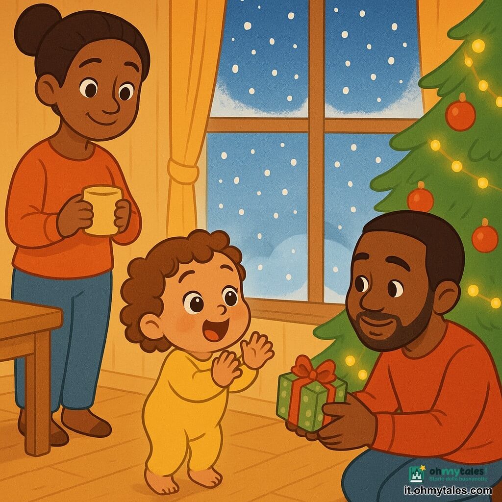 Bambina di 2 anni, Luna, meravigliata e gioiosa sulle punte dei piedi alla finestra, paffutella, capelli castano chiaro a piccoli boccoli, occhi grandi e luminosi, mani che battono piano; mamma 30–35 anni, sorridente e tenera, capelli castani raccolti, in piedi vicino al tavolo con una tazza di latte tiepido a guardare Luna; papà 30–35 anni, calmo e affettuoso, leggera barba, inginocchiato vicino all’albero tenendo un piccolo pacchetto che fa "cric" accanto alla bambina; soggiorno accogliente con luce soffusa, parquet chiaro, grande albero di Natale decorato con palline rosse e lucine scintillanti, finestra gelata con neve fuori; scena natalizia intima e serena, bambina che guarda la neve e il regalo vicino all’albero, atmosfera cozy, colori caldi, texture morbide, stile semplice e rotondo con tratti netti adatti ai più piccoli.