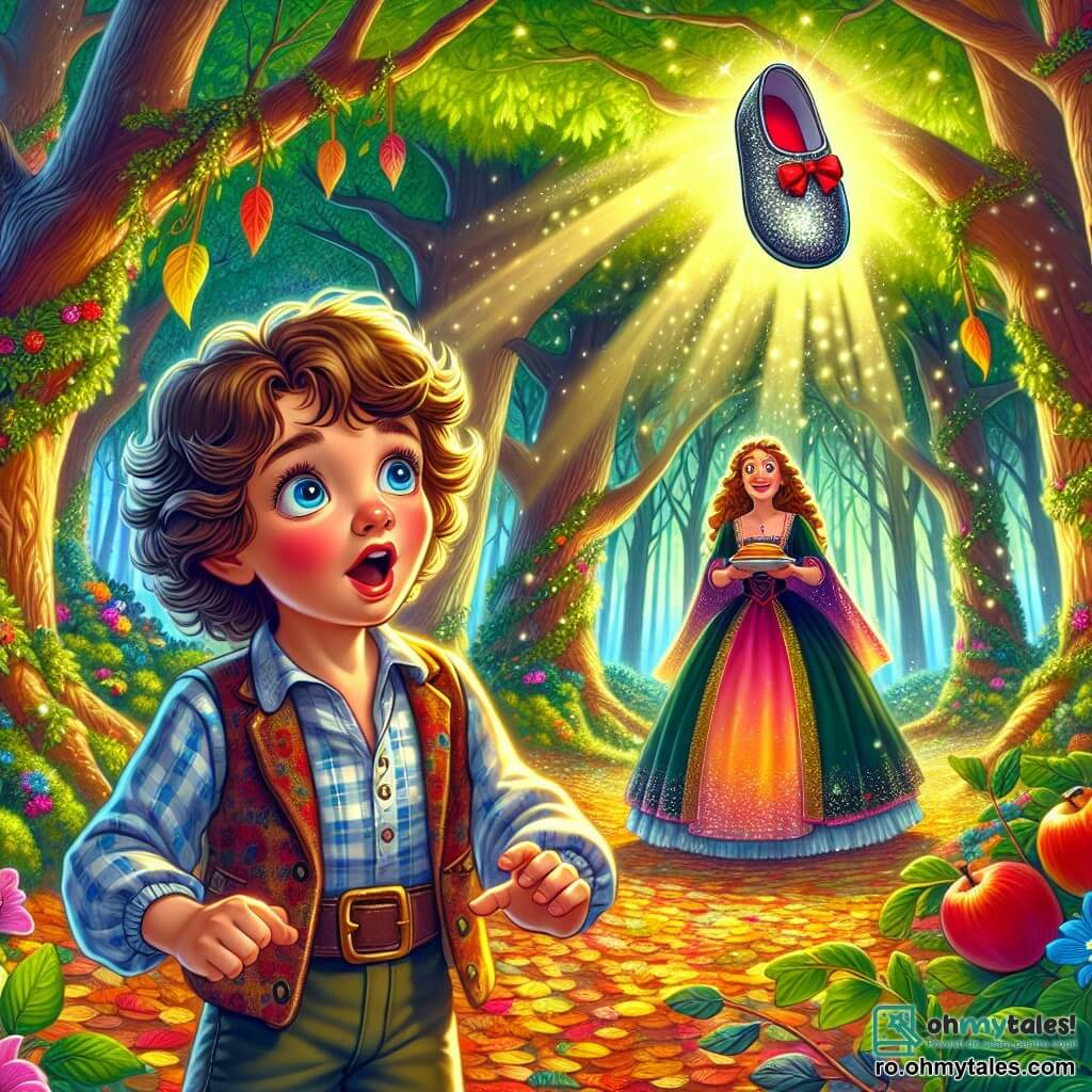 Un băiat de 6 ani, pe nume Matei, cu părul vâlvoi și ochi mari și curioși, se află într-o pădure magică, plină de copaci înalți și flori colorate. Are o expresie de uimire și entuziasm, ținând în mână un pergament strălucitor. Alături de el, mama lui, doamna Lenuța, cu părul lung și ondulat, îi zâmbește încurajator, ținând o farfurie cu clătite. Locul este luminat de razele soarelui care se filtrează prin crengile copacilor. Matei, plin de curaj, se pregătește să pornească într-o aventură, privind un nor în formă de papuc care plutește deasupra pădurii, gata să-l conducă spre Pălăria Fermecată.
