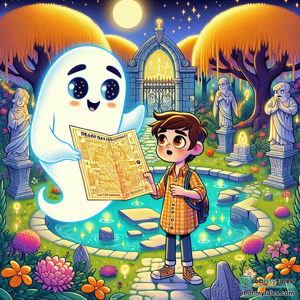 Un fantasma amichevole di nome Gigi fluttua nell'aria, con un aspetto traslucido e scintillante, gli occhi brillanti di curiosità e un sorriso caloroso sul volto. Guida un ragazzo di dieci anni, Matteo, dai capelli castani e gli occhi vivaci, che indossa una camicia a quadri e pantaloni corti, mentre osserva con meraviglia la mappa antica che tiene in mano. La scena magica si svolge nel Santuario del Drago, un giardino segreto pieno di fiori splendenti e statue antiche, circondato da alberi maestosi con foglie dorate che brillano sotto un cielo soleggiato. Al centro, un laghetto scintillante riflette la luce, mentre un grande portale di pietra ornato di rune luminose si apre lentamente. Gigi e Matteo si avvicinano al portale, pronti a scoprire il segreto del Santuario, con un'atmosfera di eccitazione e mistero nell'aria.