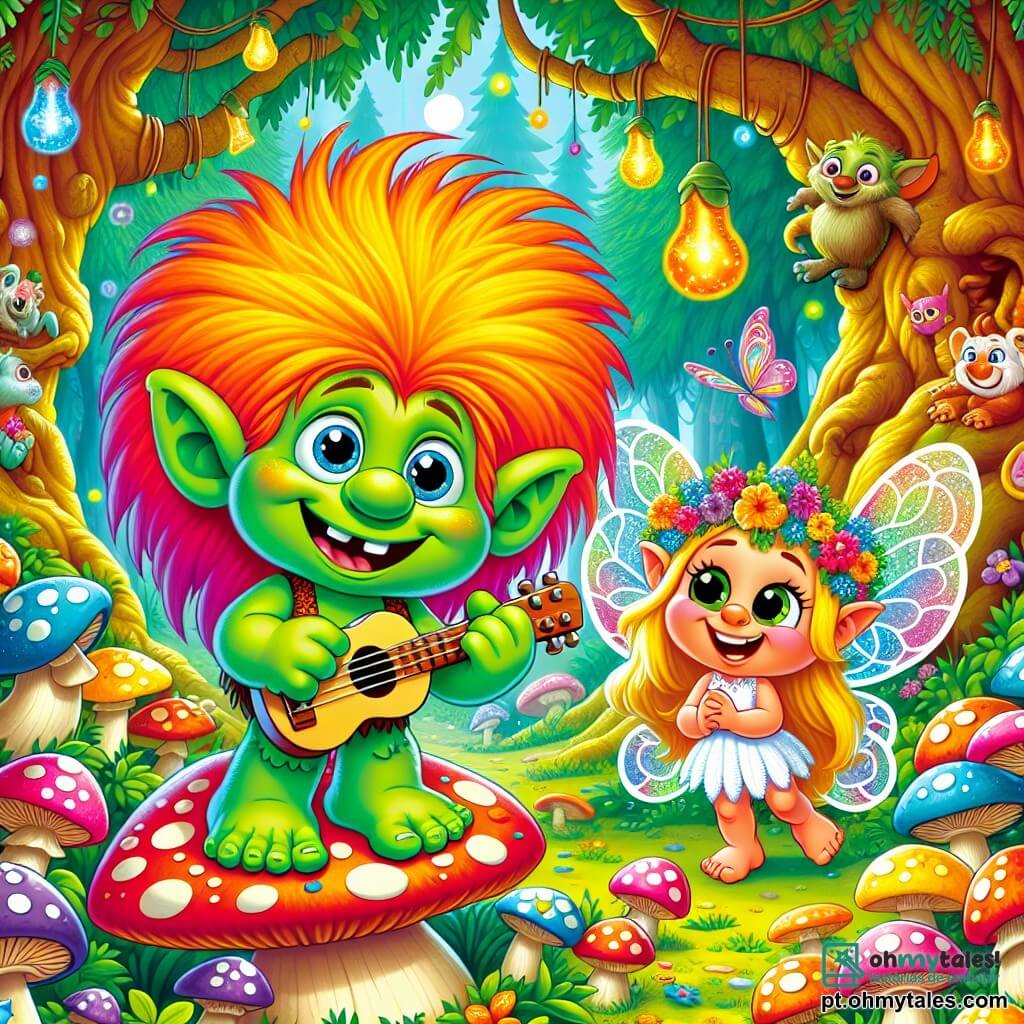 Um troll chamado Grumbly, alegre e curioso, com pele verde brilhante, cabelo bagunçado de cor laranja vivo e grandes olhos redondos e brilhantes, está tocando música em cogumelos coloridos em uma floresta encantada. Ao seu lado, uma pequena fada chamada Brilho, com asas cintilantes e um vestido feito de pétalas de flores, sorri amplamente enquanto dança ao seu redor. A floresta está cheia de árvores gigantes com troncos retorcidos, flores multicoloridas e cogumelos de formas estranhas, criando uma atmosfera mágica e alegre. Grumbly e Brilho criam juntos uma melodia animada, cercados de risadas e cores vibrantes, enquanto animais curiosos os observam com admiração.