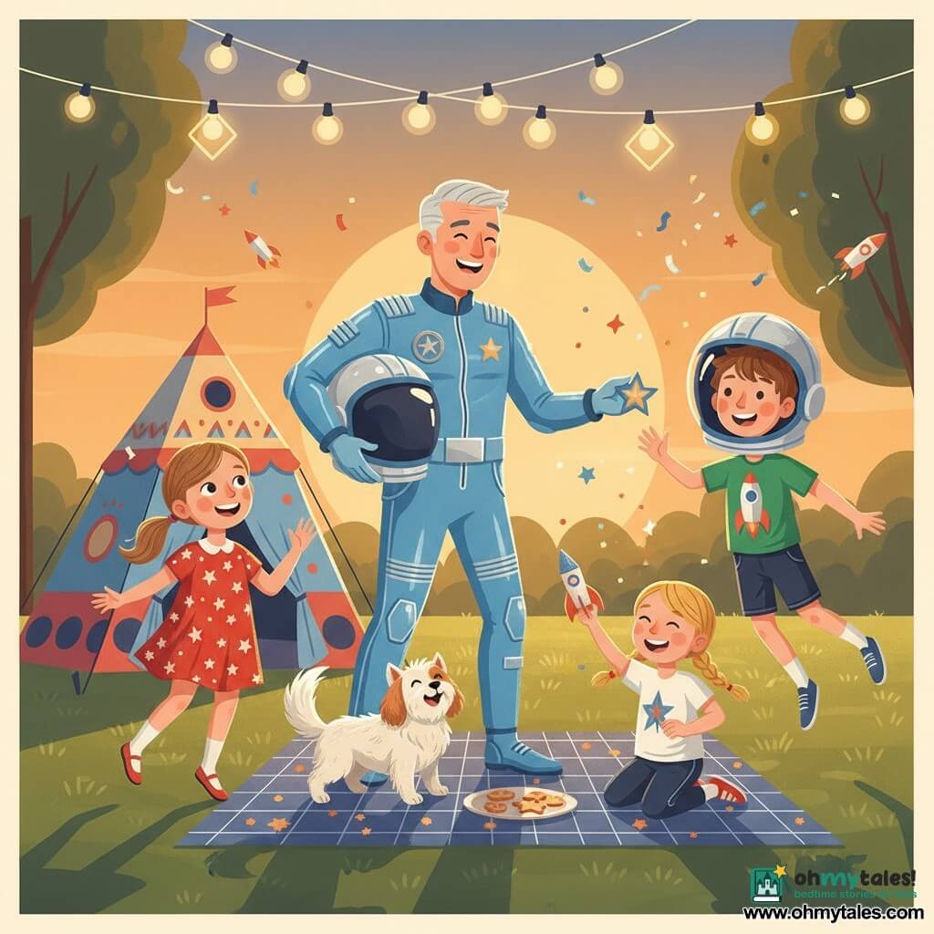 A smiling, amazed man (Mr. Skywalker) with a round face and short gray hair in a shiny sky-blue suit with silver details holds a silver astronaut helmet and hands a star badge to children; a 7-year-old girl (Lily) with light brown ponytail in a red starry dress gazes wide-eyed at the helmet and jumps slightly to his left; an 8-year-old boy (Max) with messy brown hair and a green rocket T-shirt wears the oversized helmet and pretends to float at his right; a small laughing 7-year-old girl (Emma) with blond pigtails crouches in front holding a glittery cardboard rocket near a picnic blanket; a fluffy white-and-caramel dog (Comet) wags between the children; the dusk park setting shows textured green grass, a colorful spaceship-shaped tent and string lights in the background, star-shaped cookies on a galactic cloth, and the main scene features the star-badge ceremony with warm sunset light, joyful faces, cardboard rockets tossed in the air and sparkling confetti for a festive, magical atmosphere.
