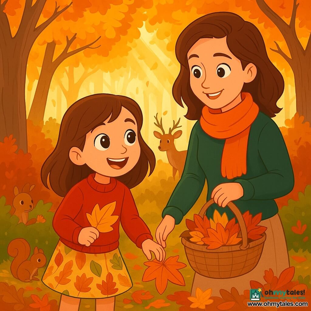 An 8-year-old girl named Lily, with big brown eyes sparkling with curiosity, is wearing a red wool sweater and a leaf-patterned skirt. She is collecting colorful autumn leaves, her face radiating joy and wonder. Next to her, her mother, a smiling woman about 35 years old with brown hair and an orange scarf, watches her daughter tenderly while holding a basket full of leaves. The setting is an enchanted forest, where majestic trees stand with branches adorned with golden, red, and orange leaves, creating a colorful carpet on the ground. Sun rays filter through the foliage, illuminating the scene with a soft, warm light. The main situation shows Lily and her mother exploring, amazed by the beauty of autumn colors, while forest animals like squirrels and a deer curiously watch them from the bushes.
